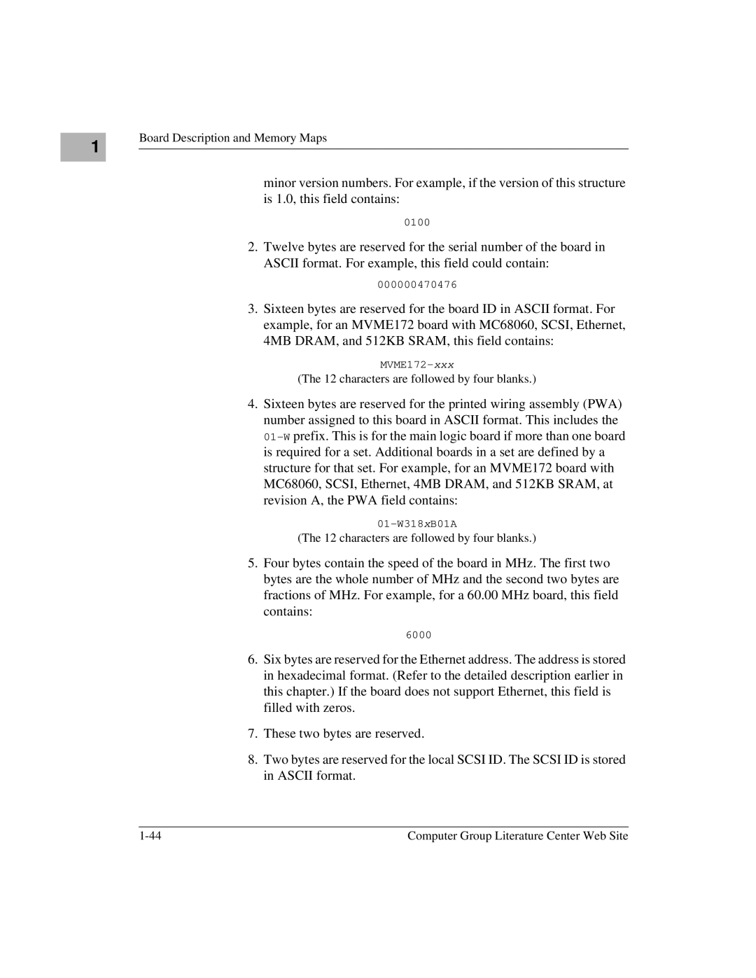 Motorola MVME172 manual characters are followed by four blanks 