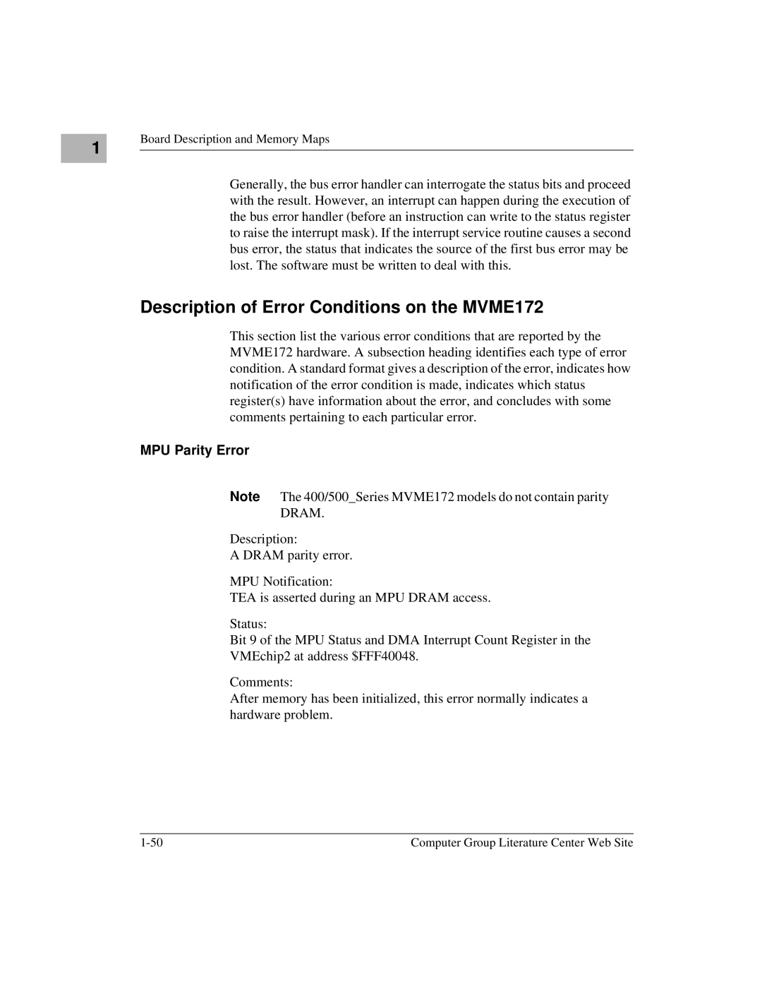 Motorola manual Description of Error Conditions on the MVME172, MPU Parity Error 