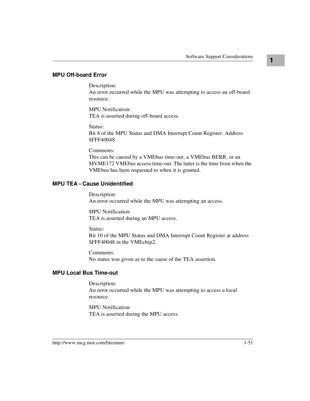 Motorola MVME172 manual MPU Off-board Error, MPU TEA Cause Unidentified, MPU Local Bus Time-out 