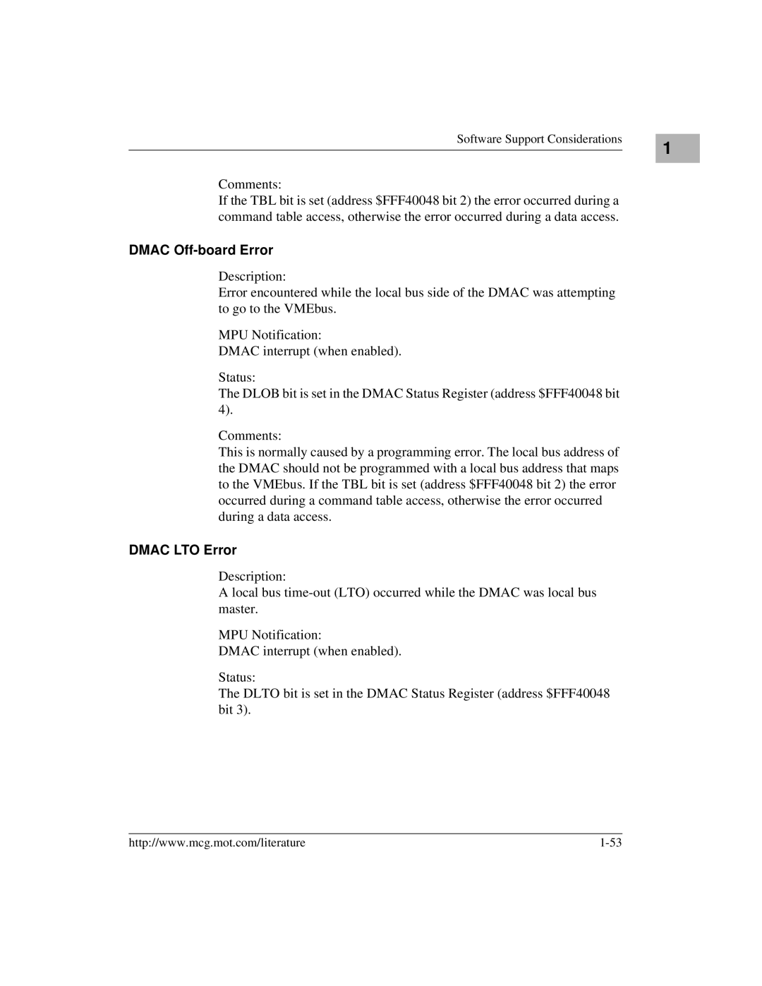 Motorola MVME172 manual Dmac Off-board Error, Dmac LTO Error 