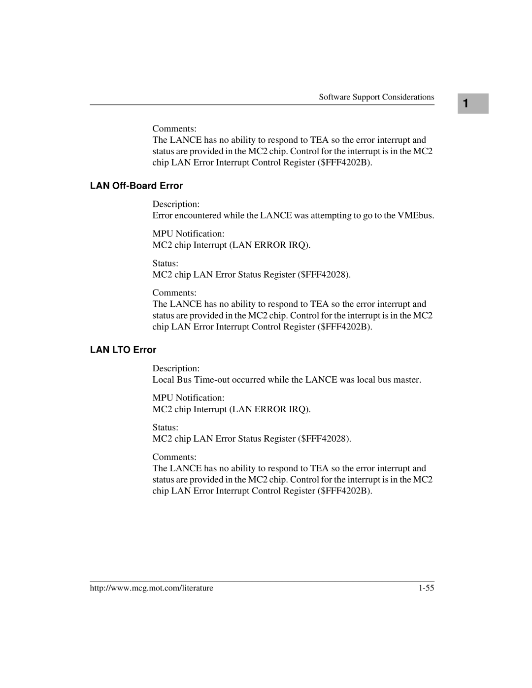 Motorola MVME172 manual LAN Off-Board Error, LAN LTO Error 