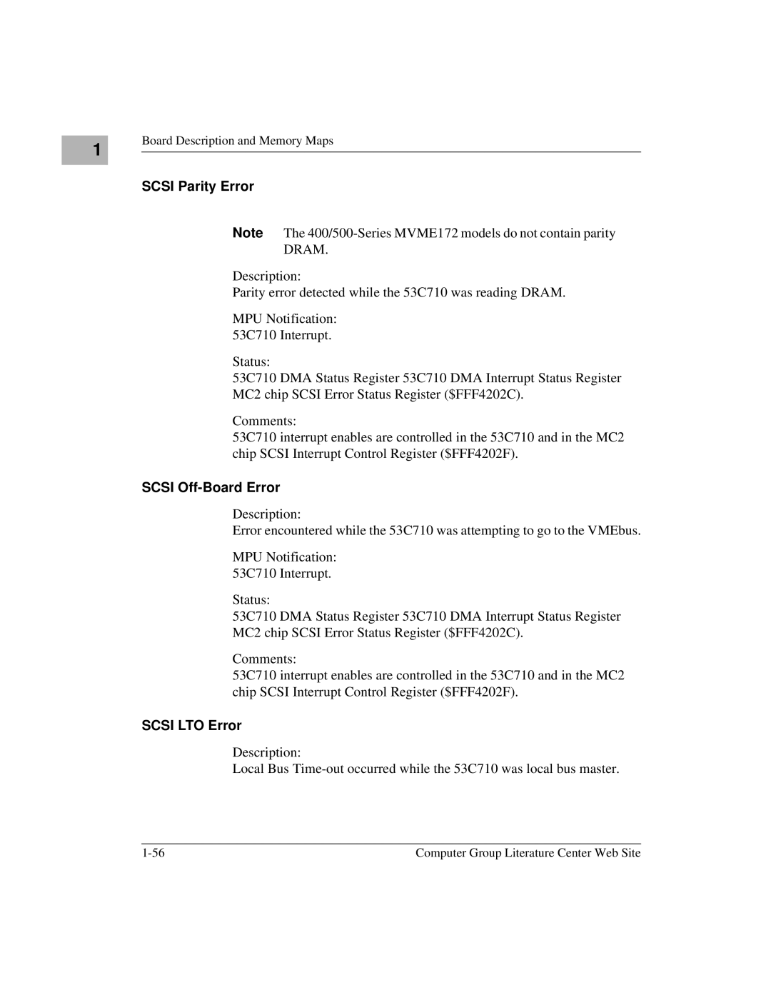 Motorola MVME172 manual Scsi Parity Error, Scsi Off-Board Error, Scsi LTO Error 