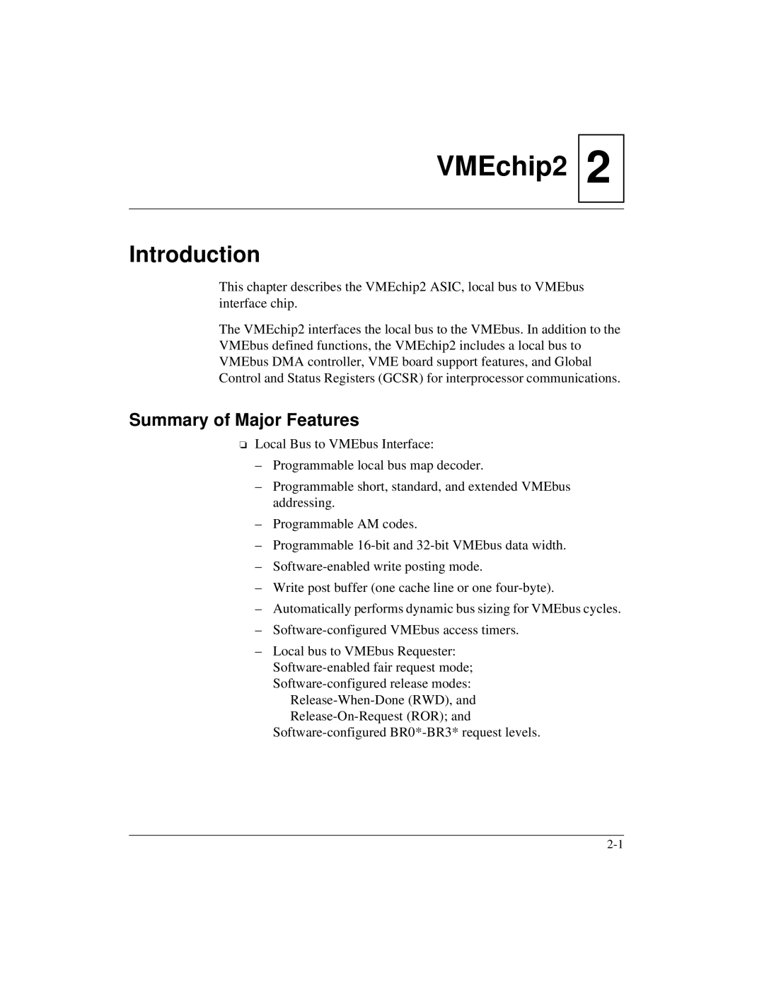 Motorola MVME172 manual VMEchip2, Summary of Major Features 