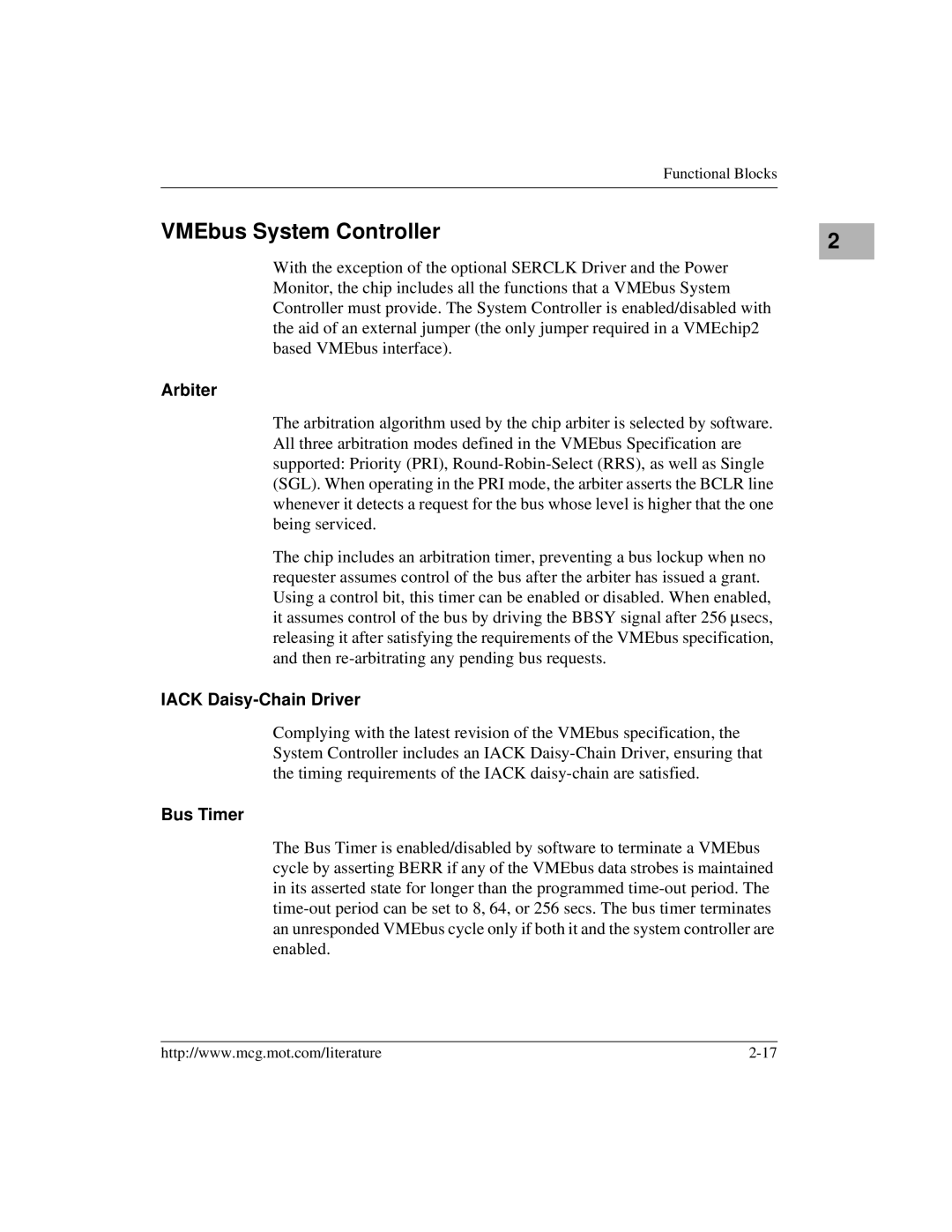 Motorola MVME172 manual VMEbus System Controller, Arbiter, Iack Daisy-Chain Driver, Bus Timer 