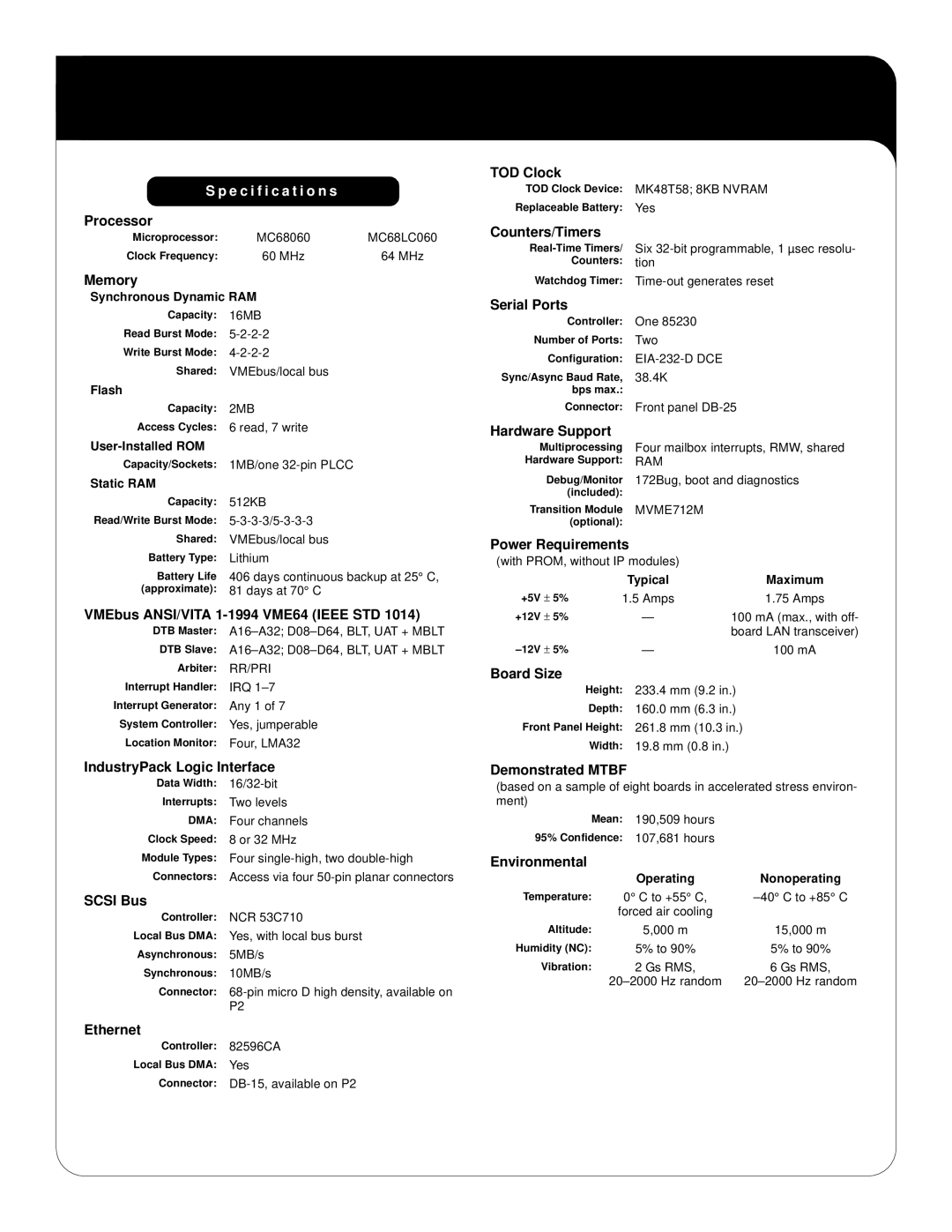 Motorola MVME172P4 manual Specification s 