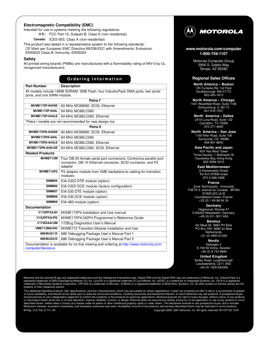 Motorola MVME172P4 Electromagnetic Compatibility EMC, Safety, D e r i n g I n f o r m a t i o n, Regional Sales Offices 