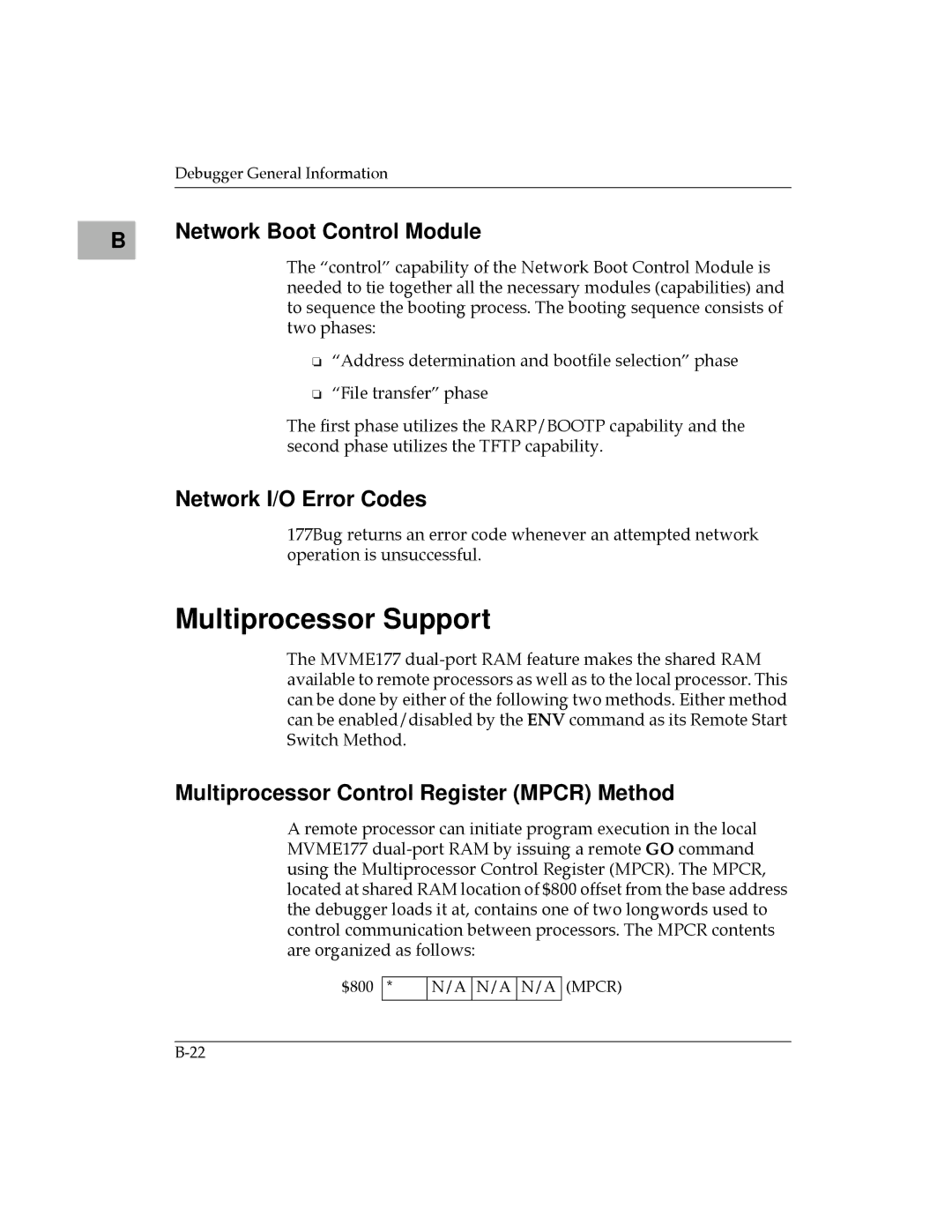 Motorola MVME177 manual Multiprocessor Support, Network Boot Control Module, Network I/O Error Codes 