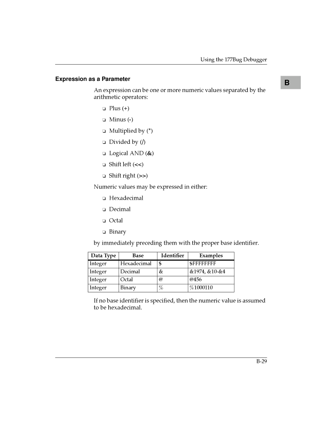 Motorola MVME177 manual Expression as a Parameter, Data Type Base IdentiÞer Examples 