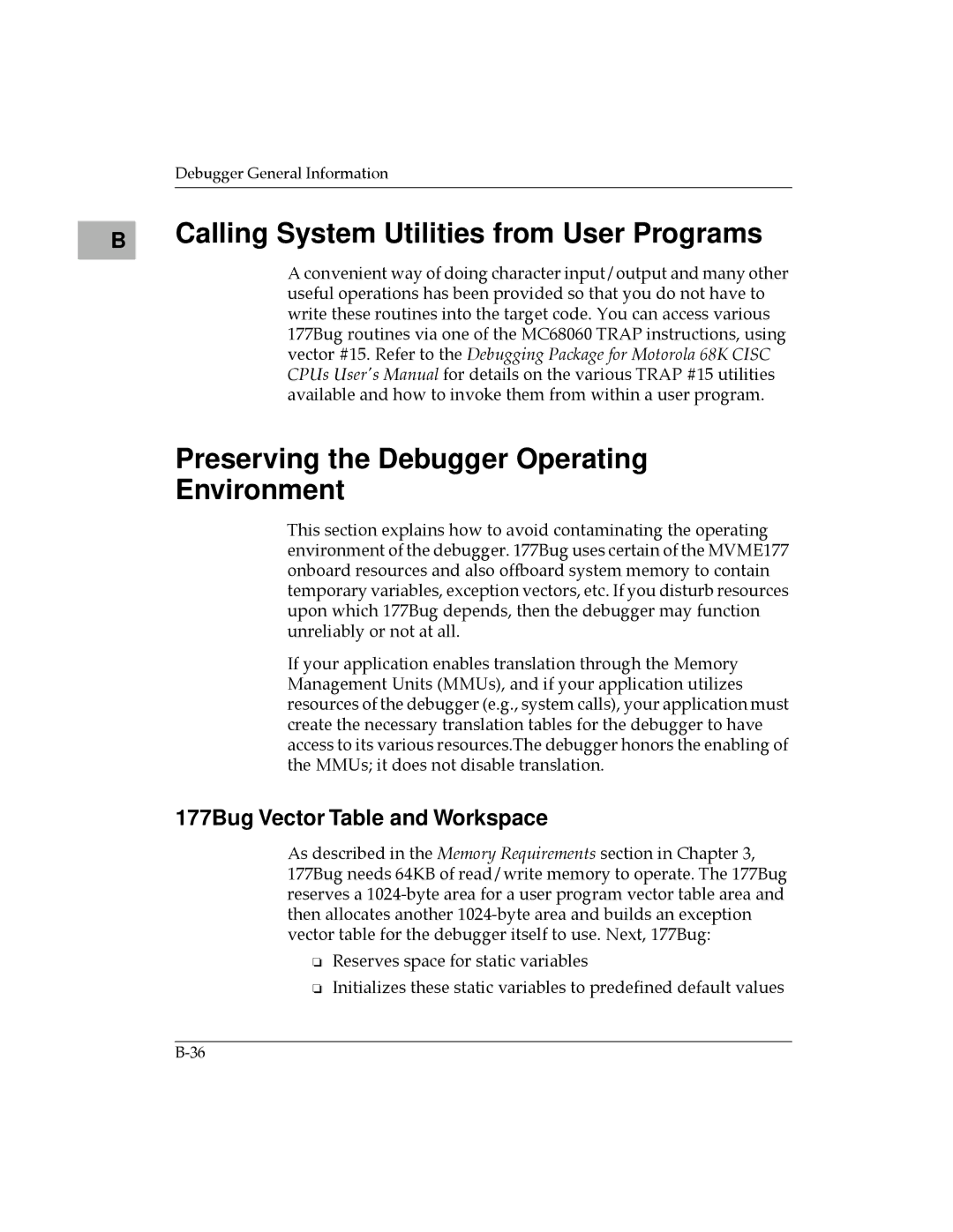 Motorola MVME177 manual 177Bug Vector Table and Workspace 