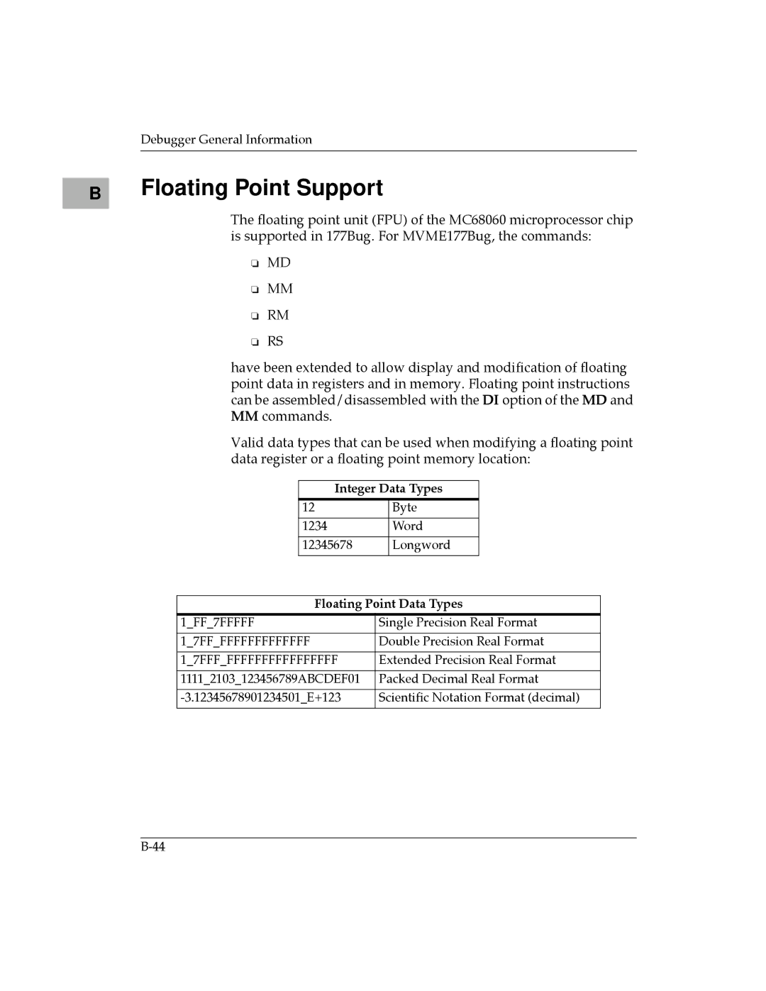 Motorola MVME177 manual Floating Point Support, Integer Data Types, Floating Point Data Types 