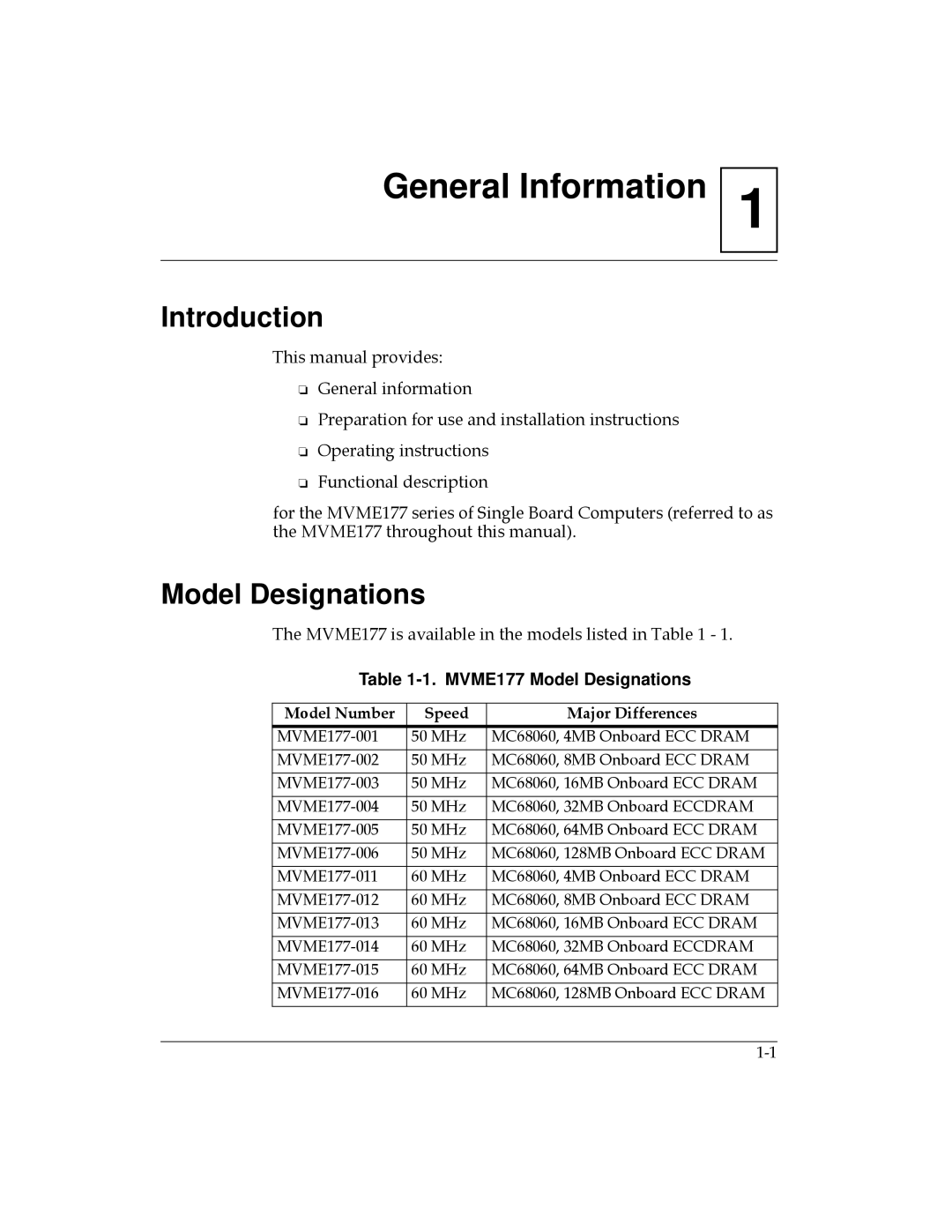 Motorola manual Introduction, MVME177 Model Designations, Model Number Speed Major Differences 