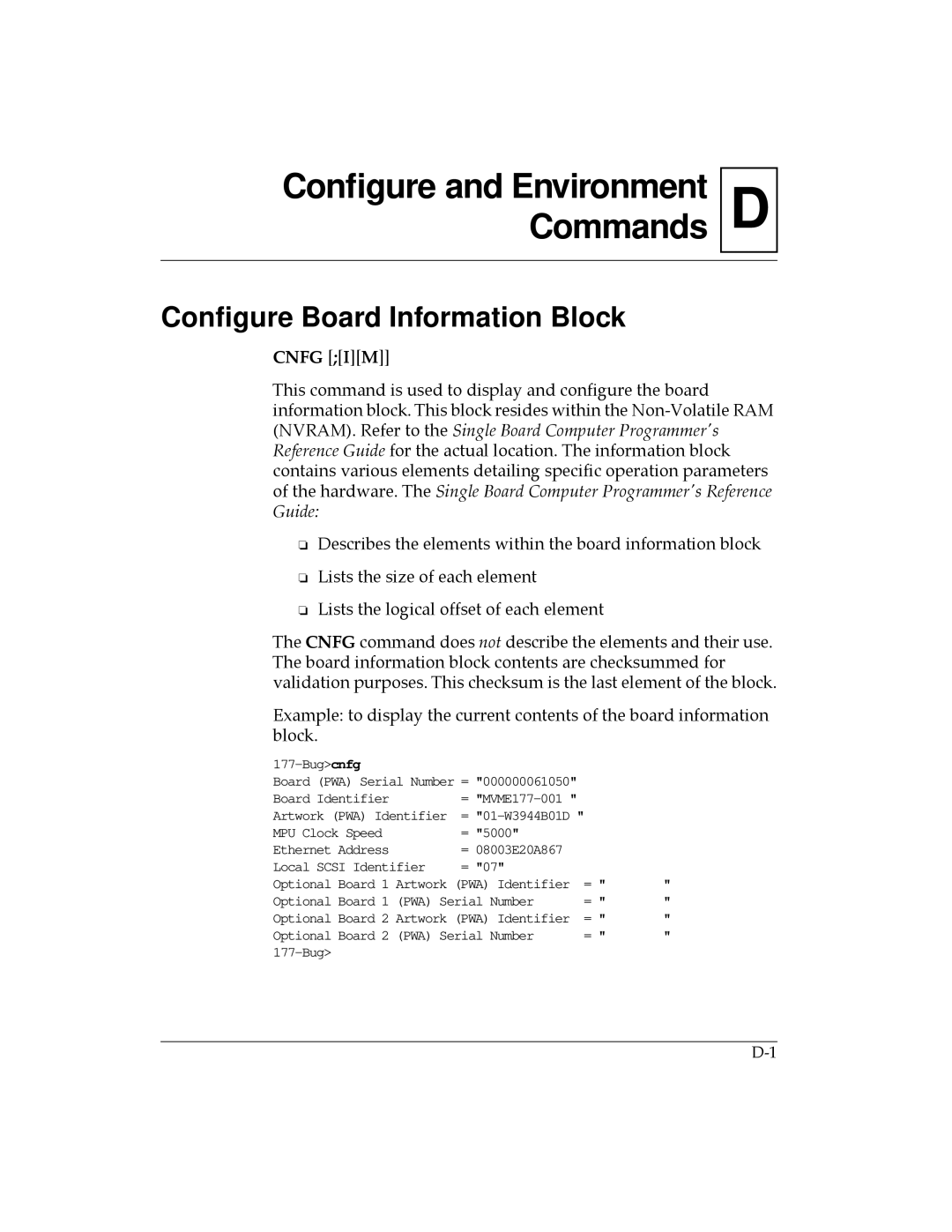 Motorola MVME177 manual Commands, Conﬁgure Board Information Block 