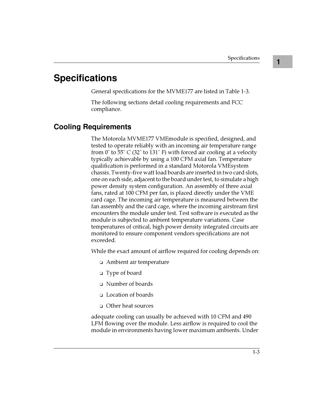 Motorola MVME177 manual Speciﬁcations, Cooling Requirements 