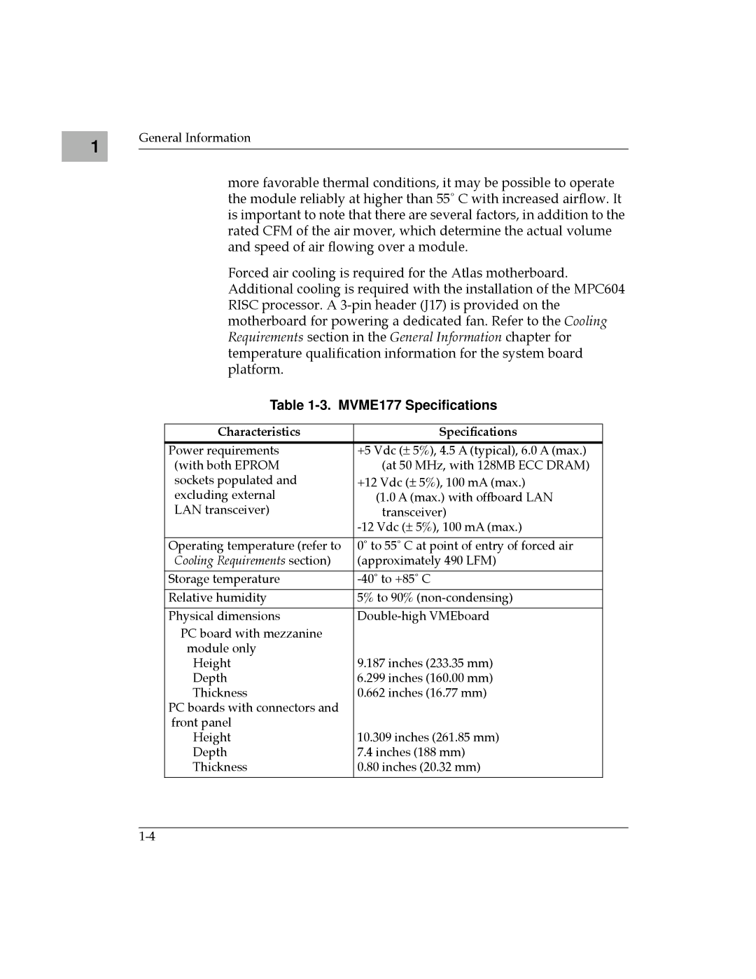 Motorola manual MVME177 Speciﬁcations, Characteristics SpeciÞcations 