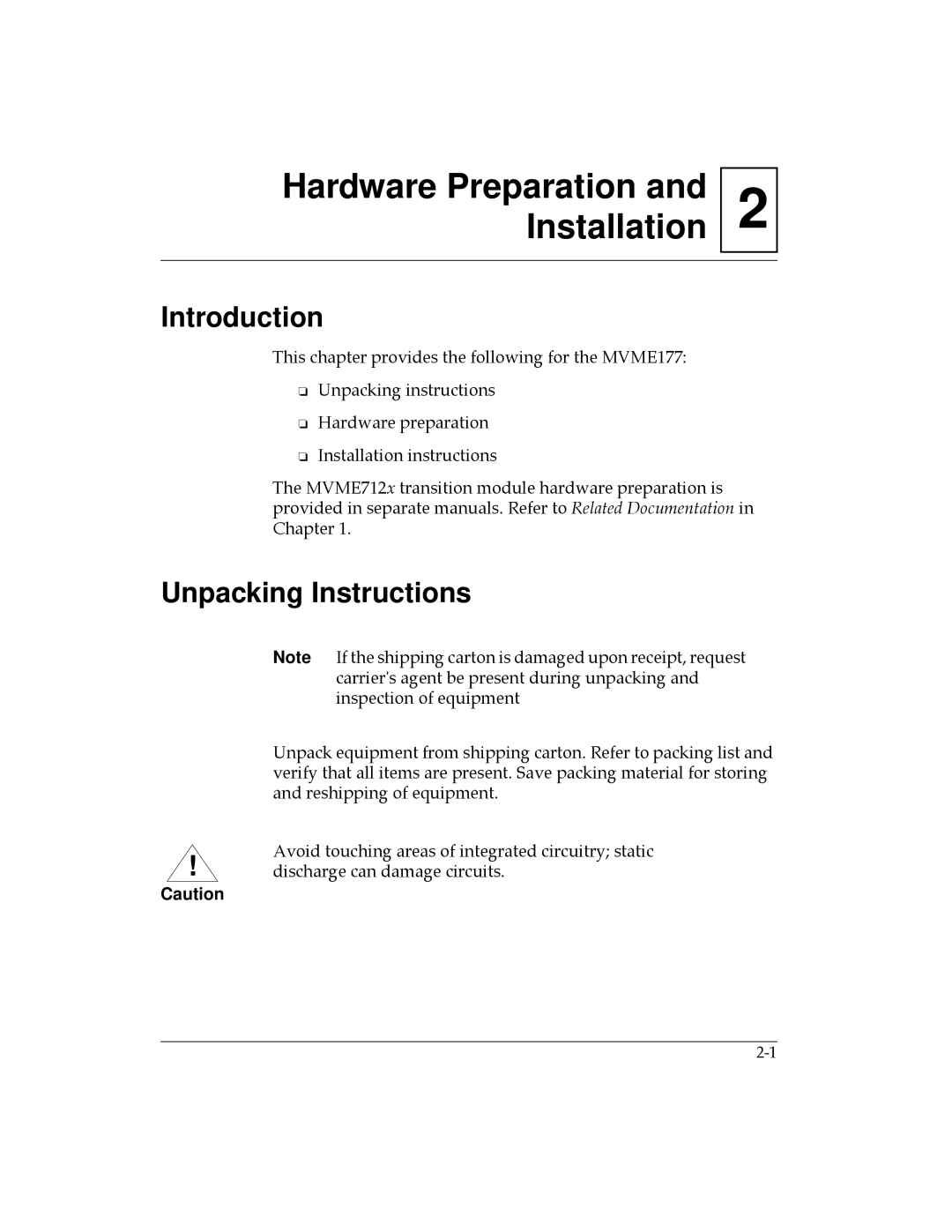 Motorola MVME177 manual Hardware Preparation and Installation, Unpacking Instructions 