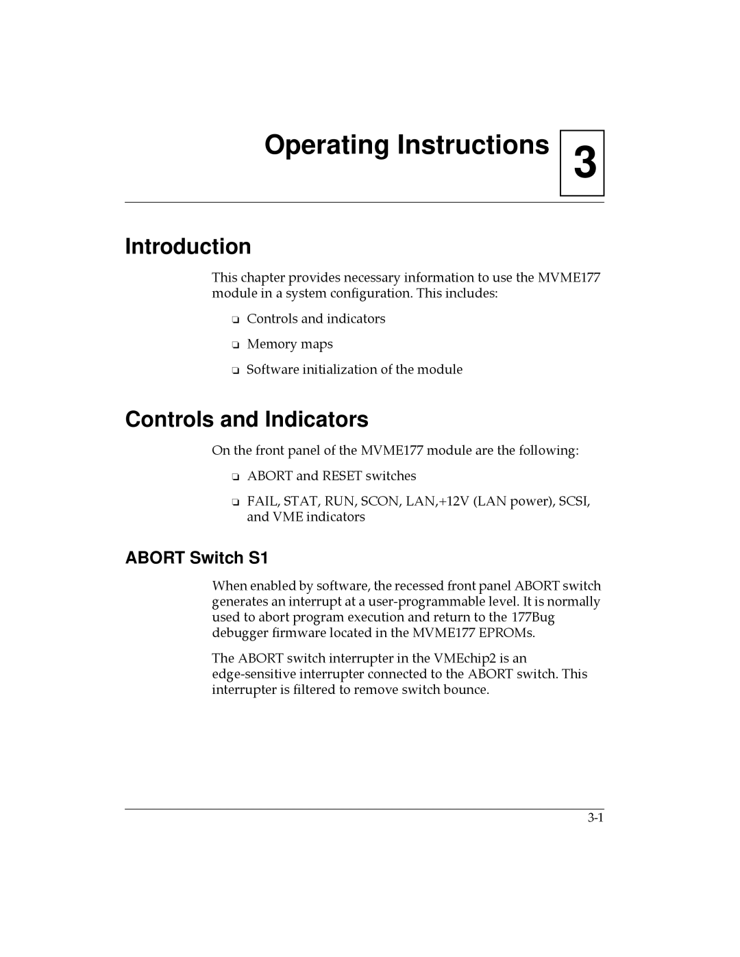 Motorola MVME177 manual Controls and Indicators, Abort Switch S1 