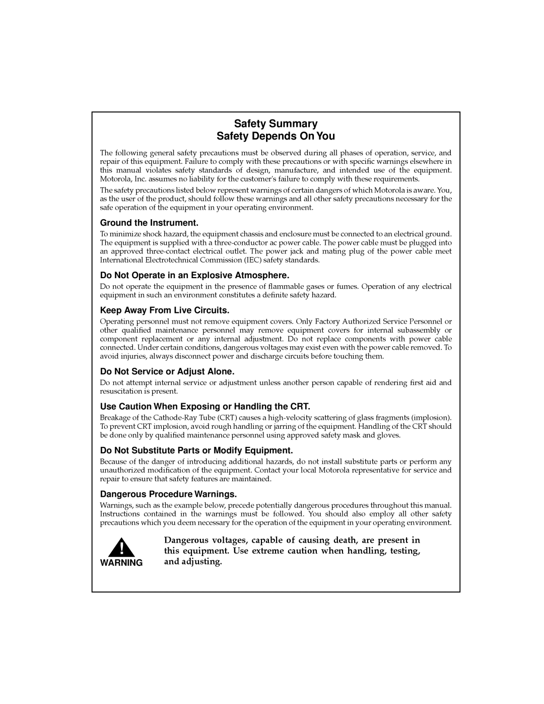 Motorola MVME177 manual This equipment. Use extreme caution when handling, testing, Adjusting 