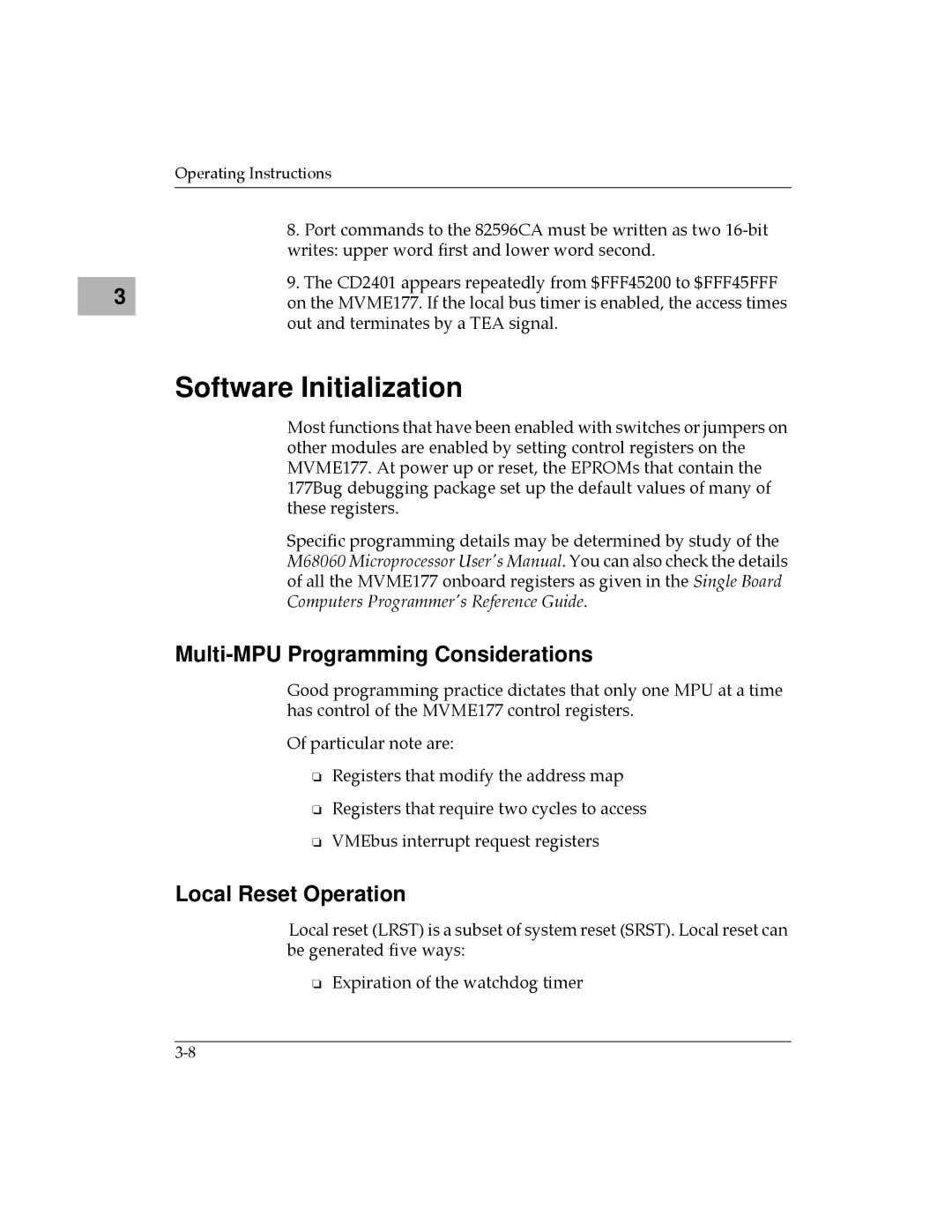 Motorola MVME177 manual Software Initialization, Multi-MPU Programming Considerations, Local Reset Operation 