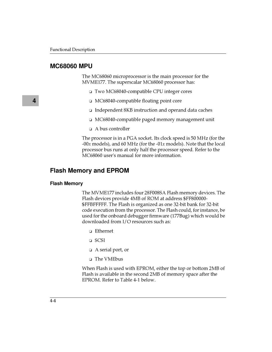 Motorola MVME177 manual MC68060 MPU, Flash Memory and Eprom 