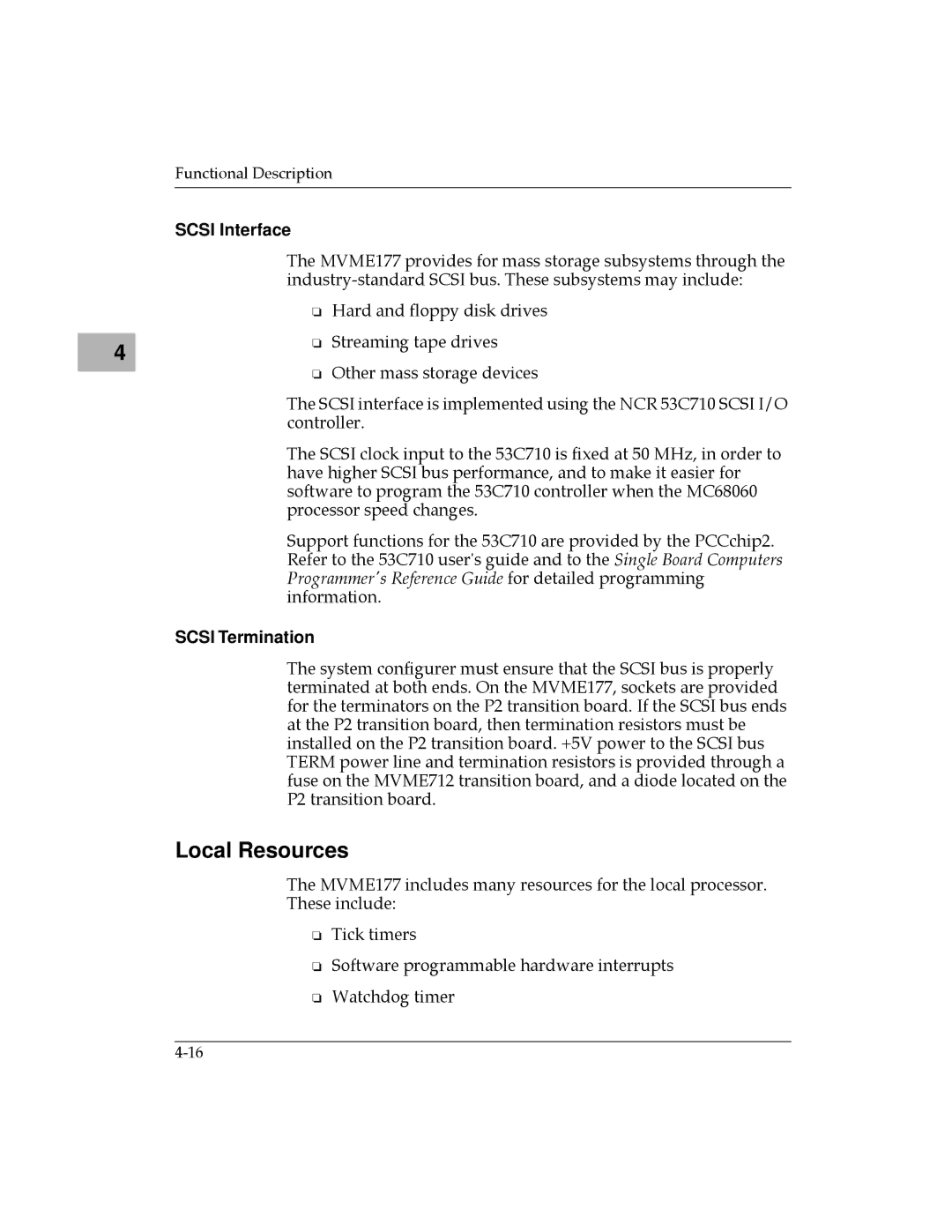 Motorola MVME177 manual Local Resources, Scsi Interface, Scsi Termination 