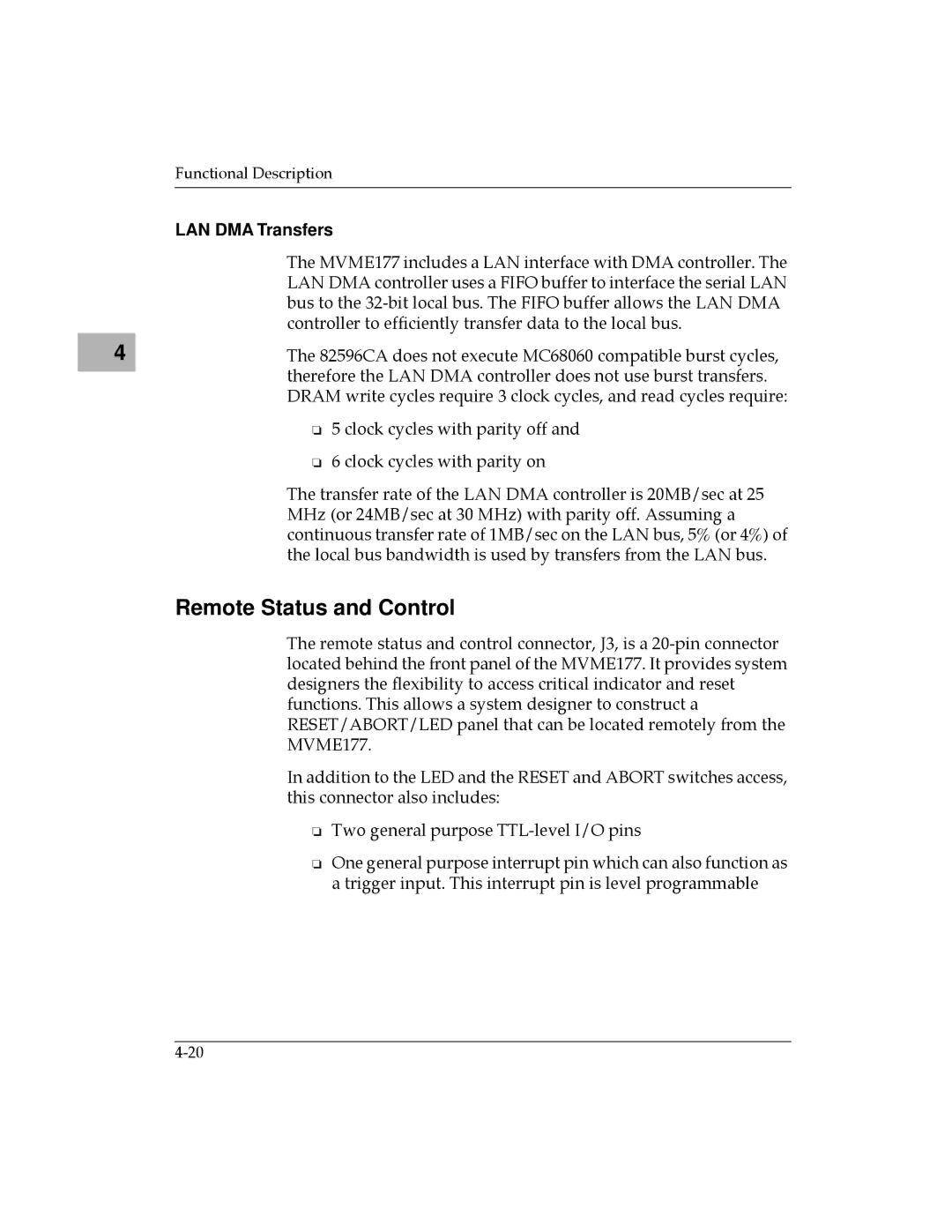 Motorola MVME177 manual Remote Status and Control, LAN DMA Transfers 