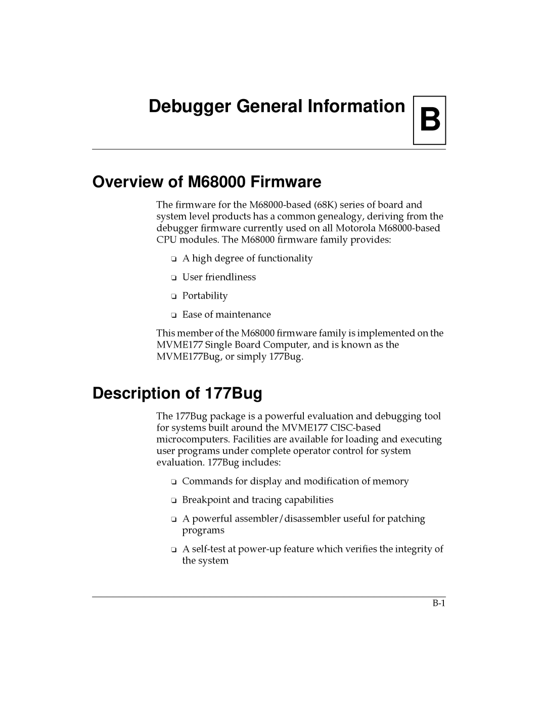 Motorola MVME177 manual Overview of M68000 Firmware, Description of 177Bug 