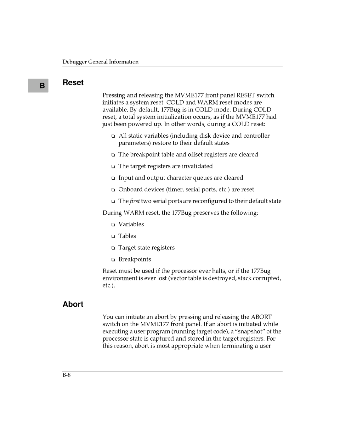 Motorola MVME177 manual Reset, Abort 