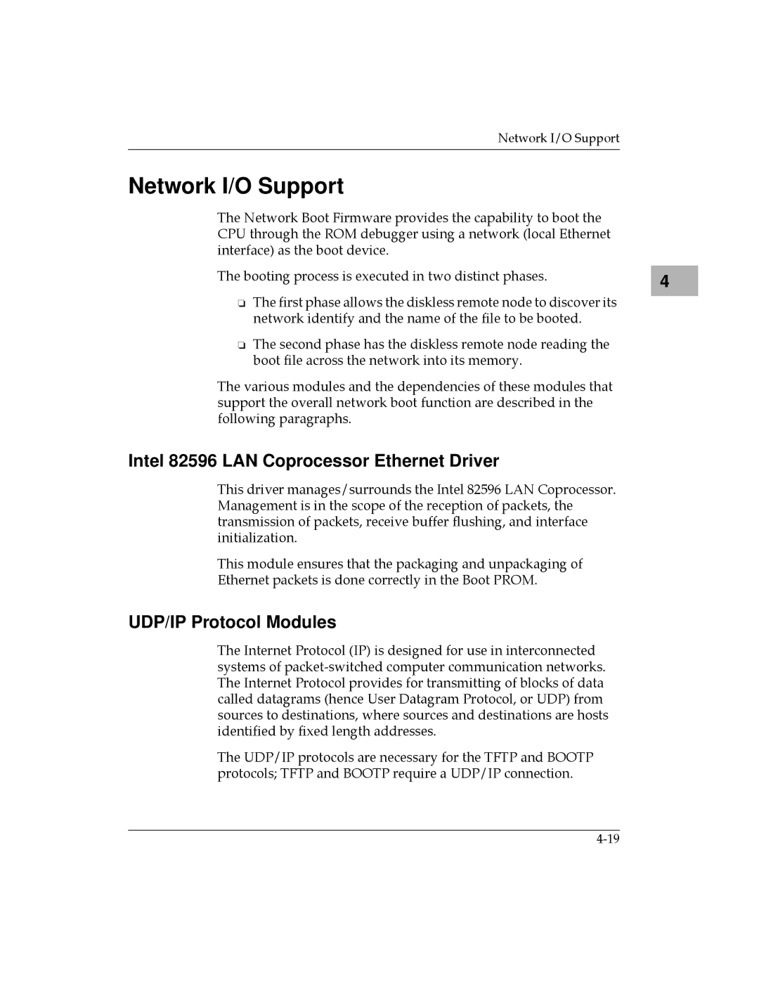 Motorola MVME187 manual Network I/O Support, Intel 82596 LAN Coprocessor Ethernet Driver, UDP/IP Protocol Modules 