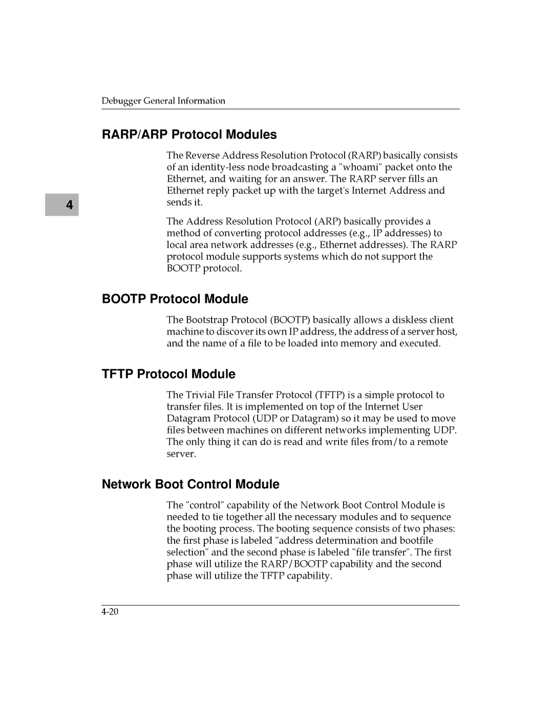 Motorola MVME187 manual RARP/ARP Protocol Modules, Bootp Protocol Module, Tftp Protocol Module, Network Boot Control Module 