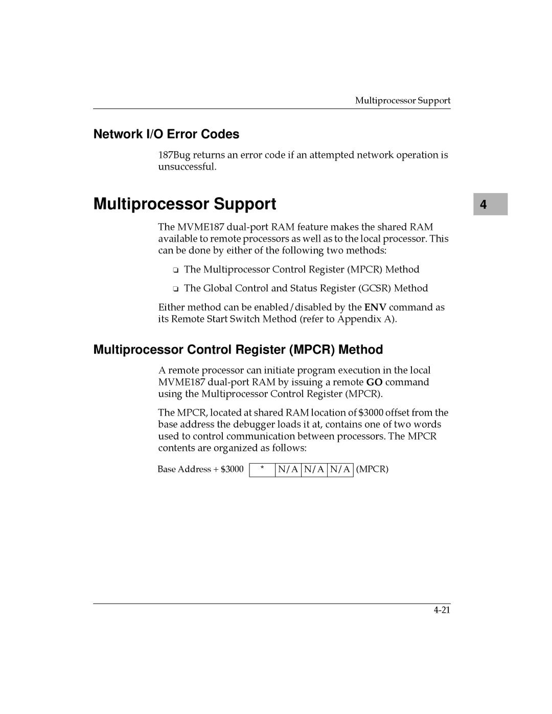 Motorola MVME187 manual Multiprocessor Support, Network I/O Error Codes, Multiprocessor Control Register Mpcr Method 