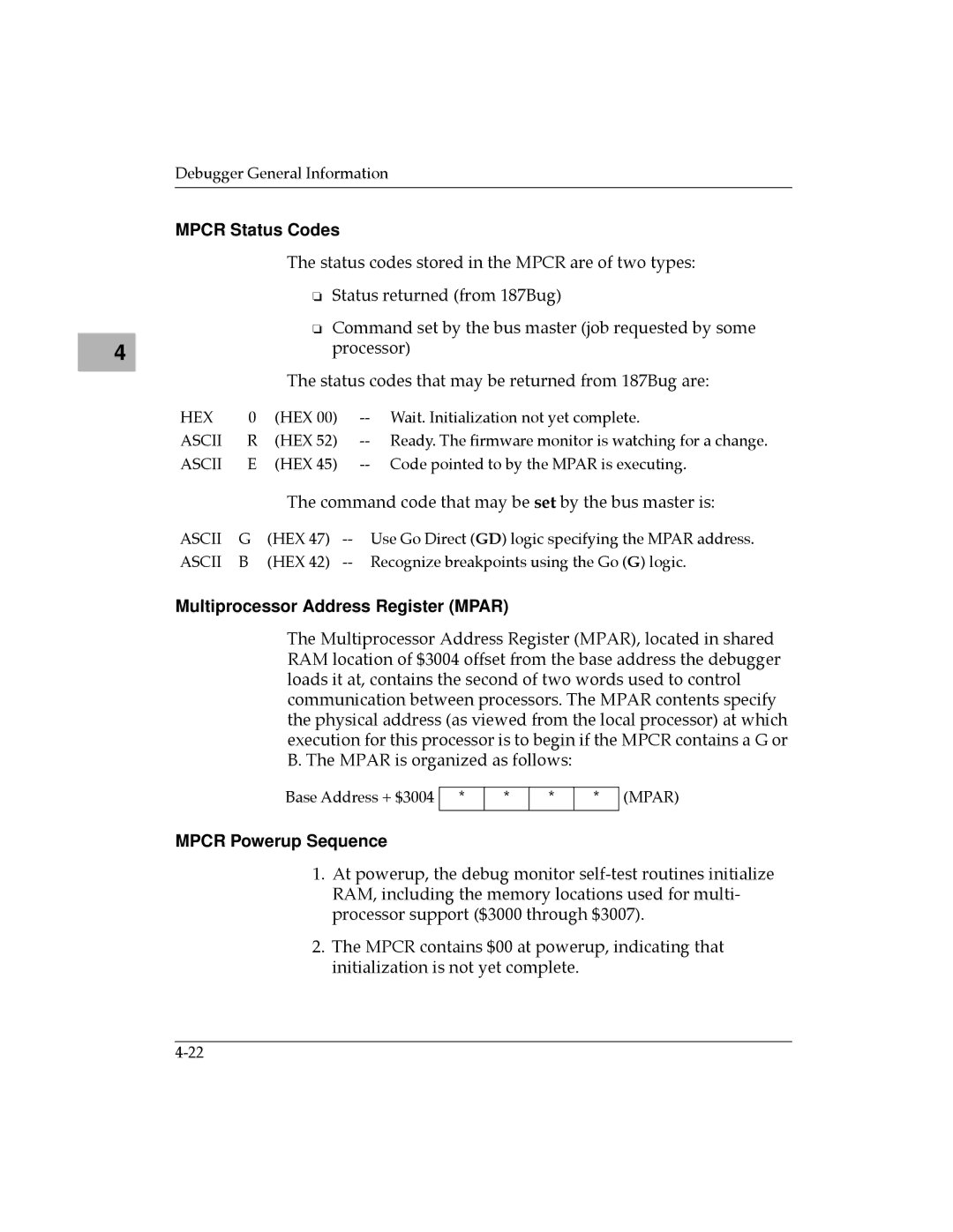 Motorola MVME187 manual Mpcr Status Codes, Multiprocessor Address Register Mpar, Mpcr Powerup Sequence 