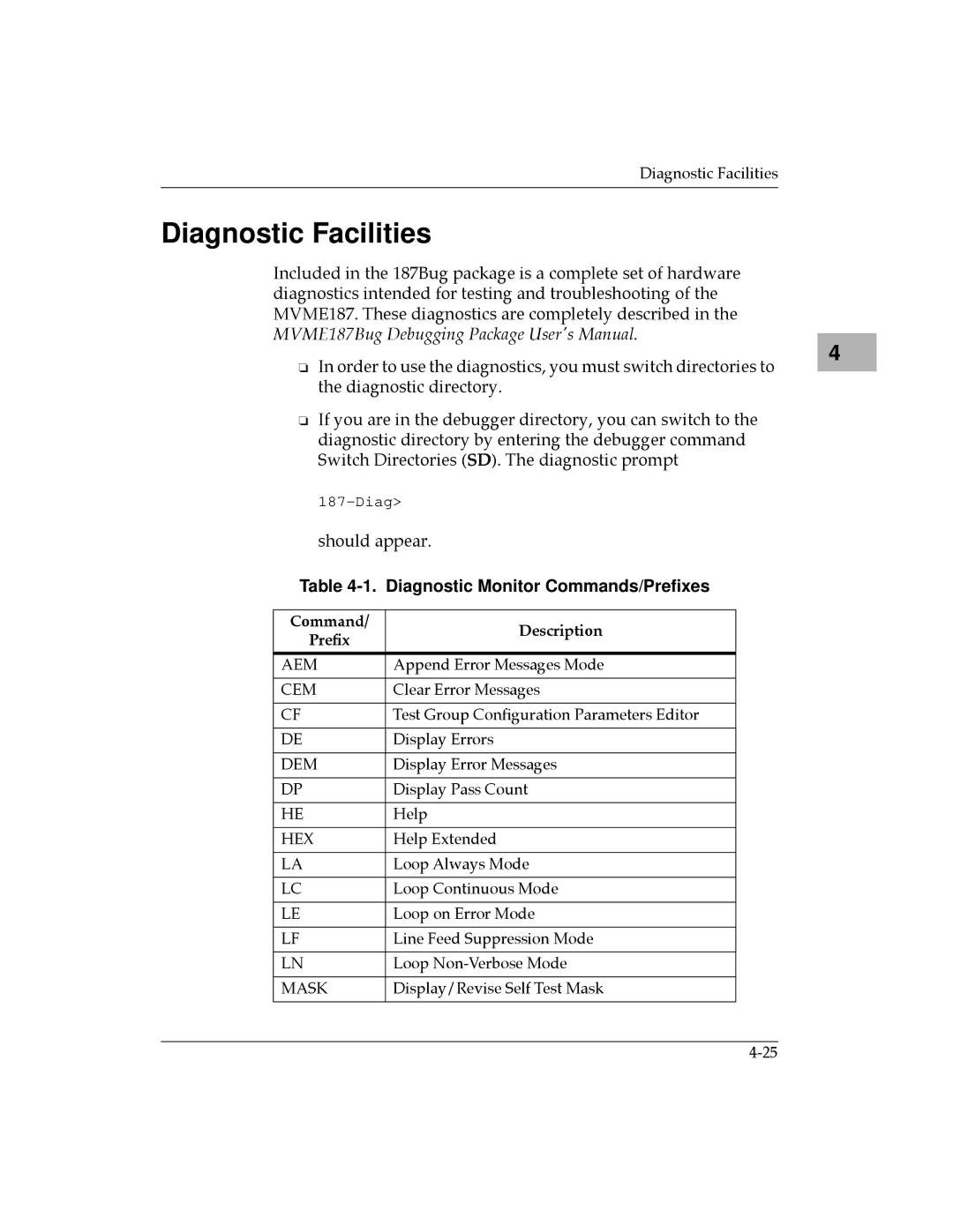 Motorola MVME187 manual Diagnostic Facilities, Diagnostic Monitor Commands/Preﬁxes, Command Description PreÞx 