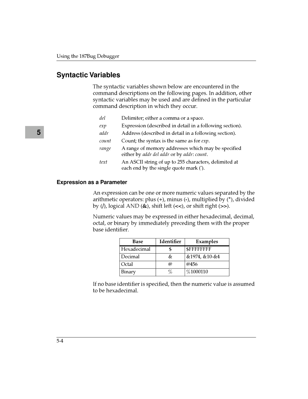 Motorola MVME187 manual Syntactic Variables, Expression as a Parameter, Base IdentiÞer Examples 