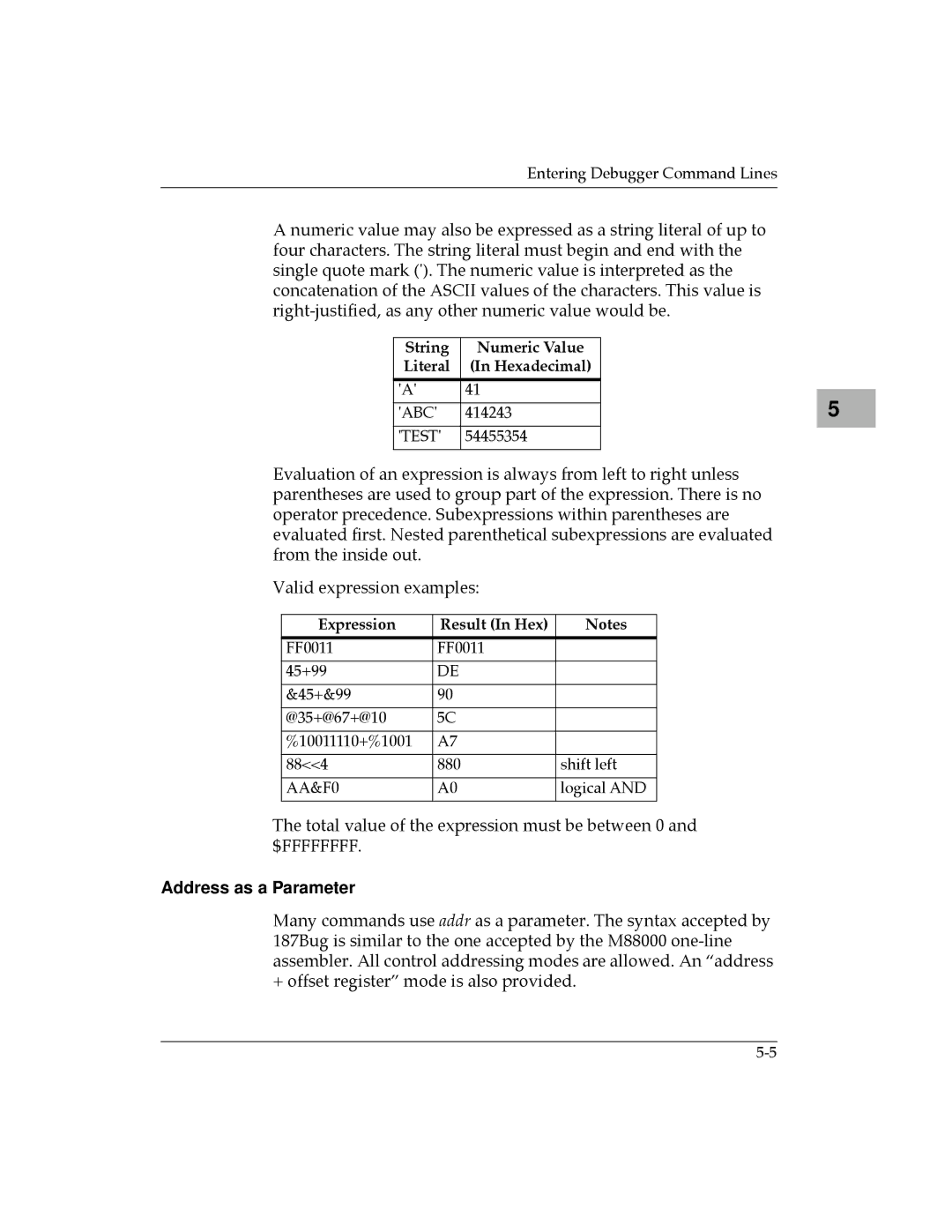 Motorola MVME187 manual Address as a Parameter, String Numeric Value Literal, Expression Result In Hex 