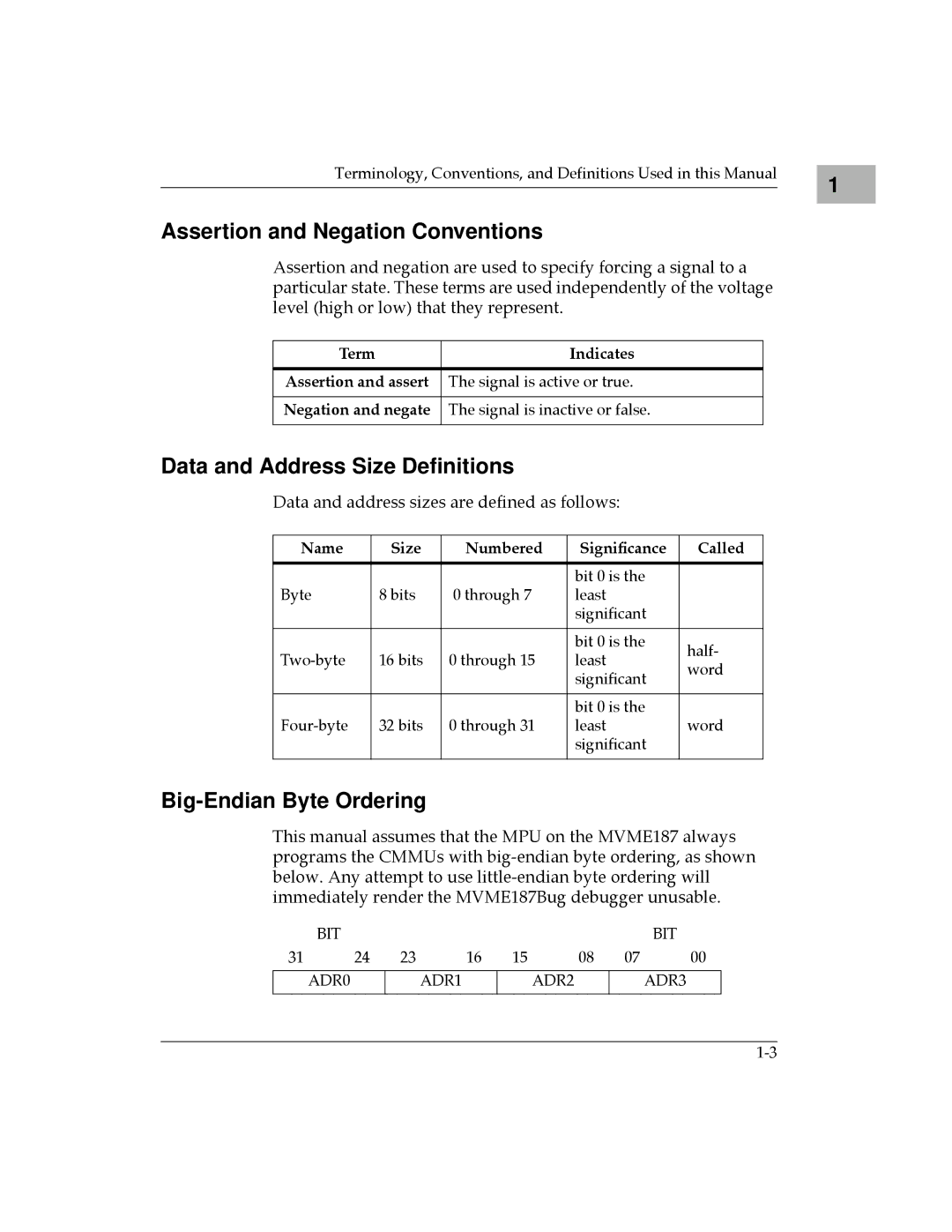 Motorola MVME187 manual Assertion and Negation Conventions, Data and Address Size Deﬁnitions, Big-Endian Byte Ordering 