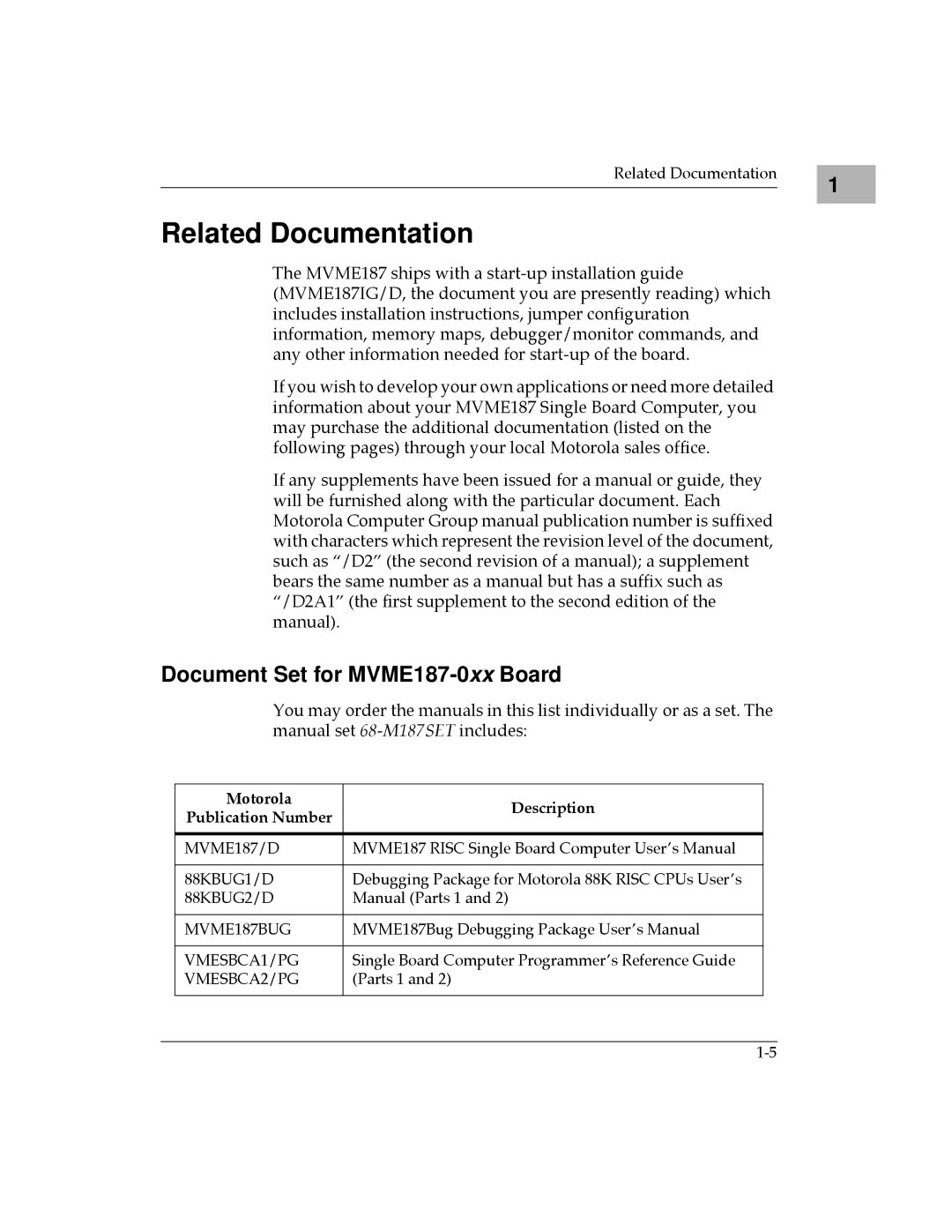 Motorola manual Related Documentation, Document Set for MVME187-0xxBoard, Motorola Description Publication Number 