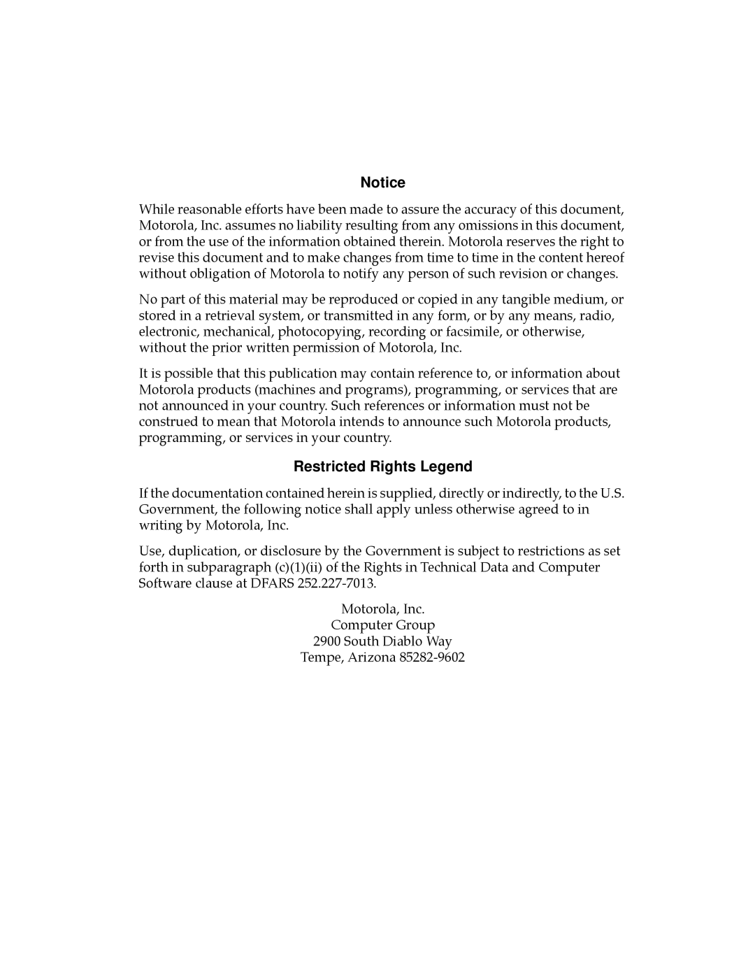 Motorola MVME187 manual Restricted Rights Legend 