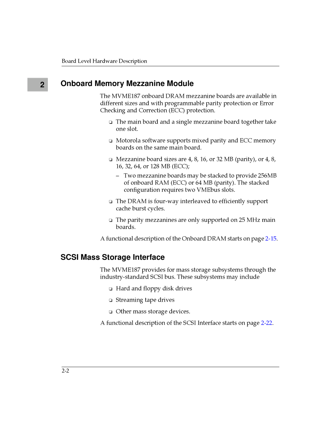 Motorola MVME187 manual Onboard Memory Mezzanine Module, Scsi Mass Storage Interface 