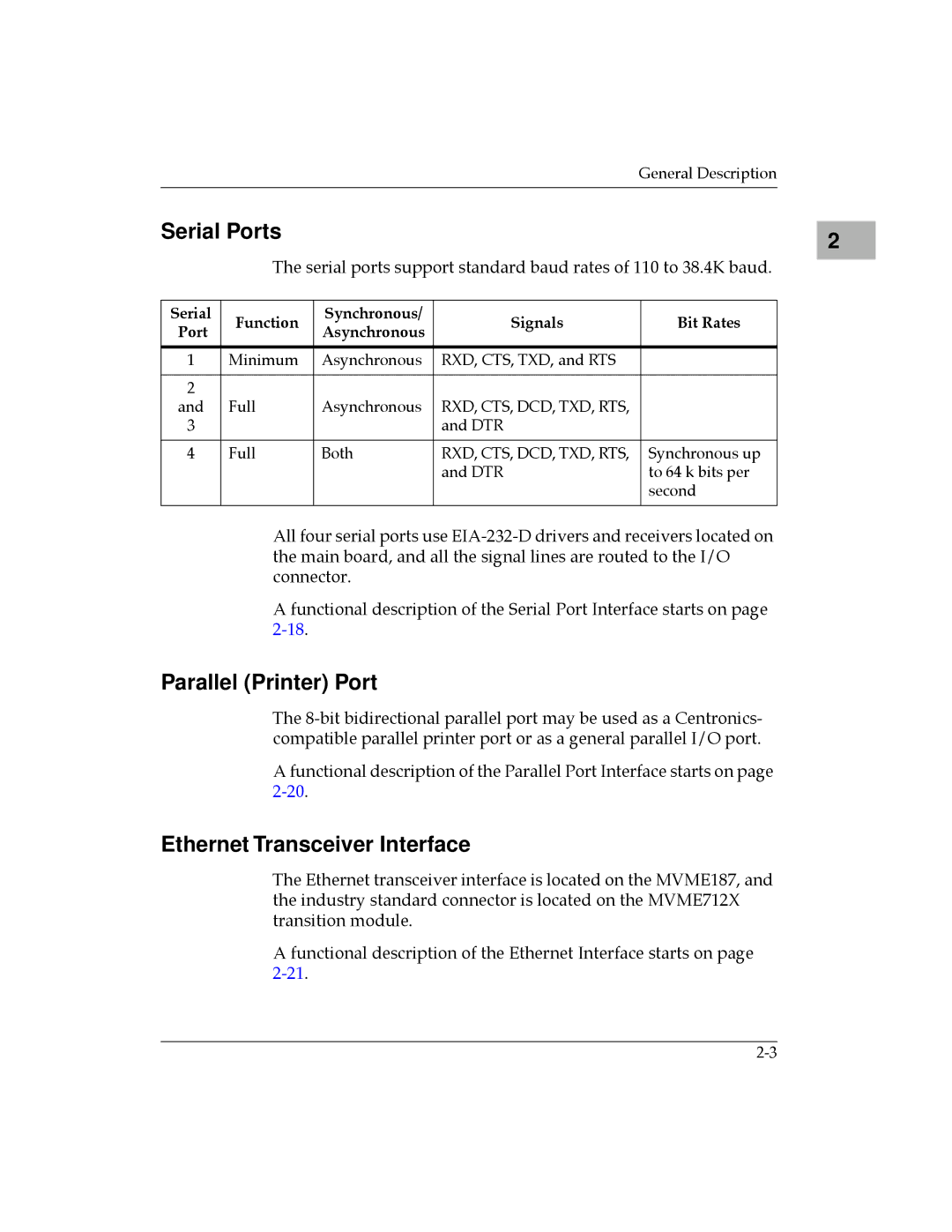 Motorola MVME187 manual Serial Ports, Parallel Printer Port, Ethernet Transceiver Interface, Asynchronous 