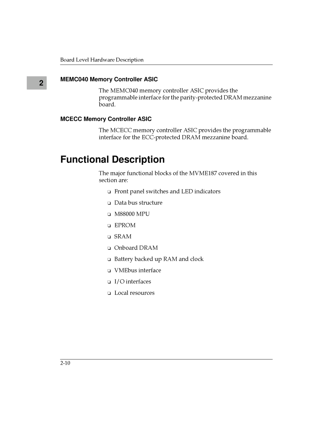 Motorola MVME187 manual Functional Description, MEMC040 Memory Controller Asic, Mcecc Memory Controller Asic 