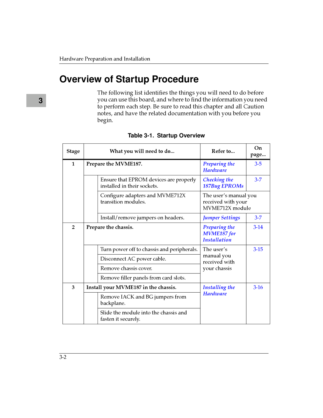 Motorola Overview of Startup Procedure, Startup Overview, Prepare the chassis, Install your MVME187 in the chassis 