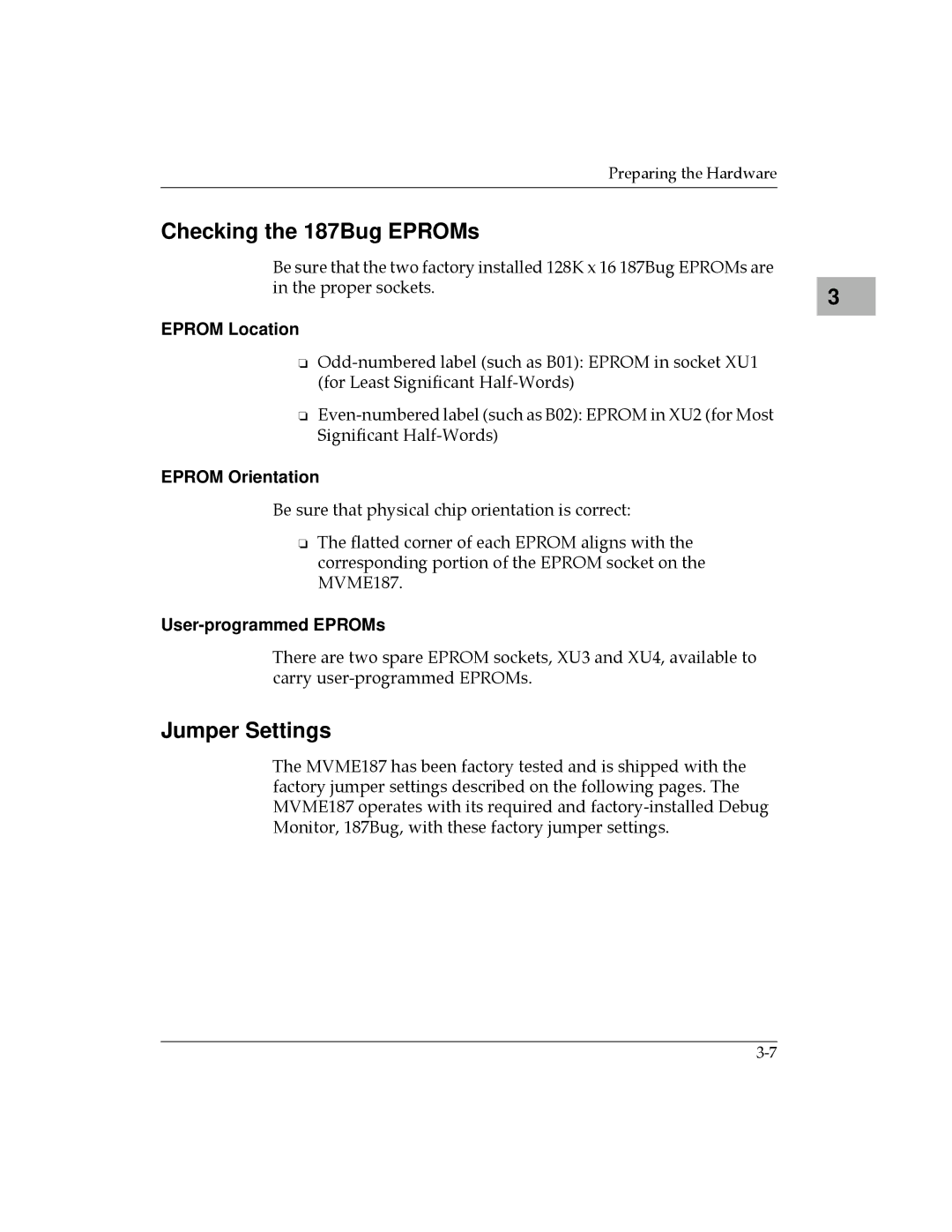 Motorola MVME187 Checking the 187Bug EPROMs, Jumper Settings, Eprom Location, Eprom Orientation, User-programmed EPROMs 