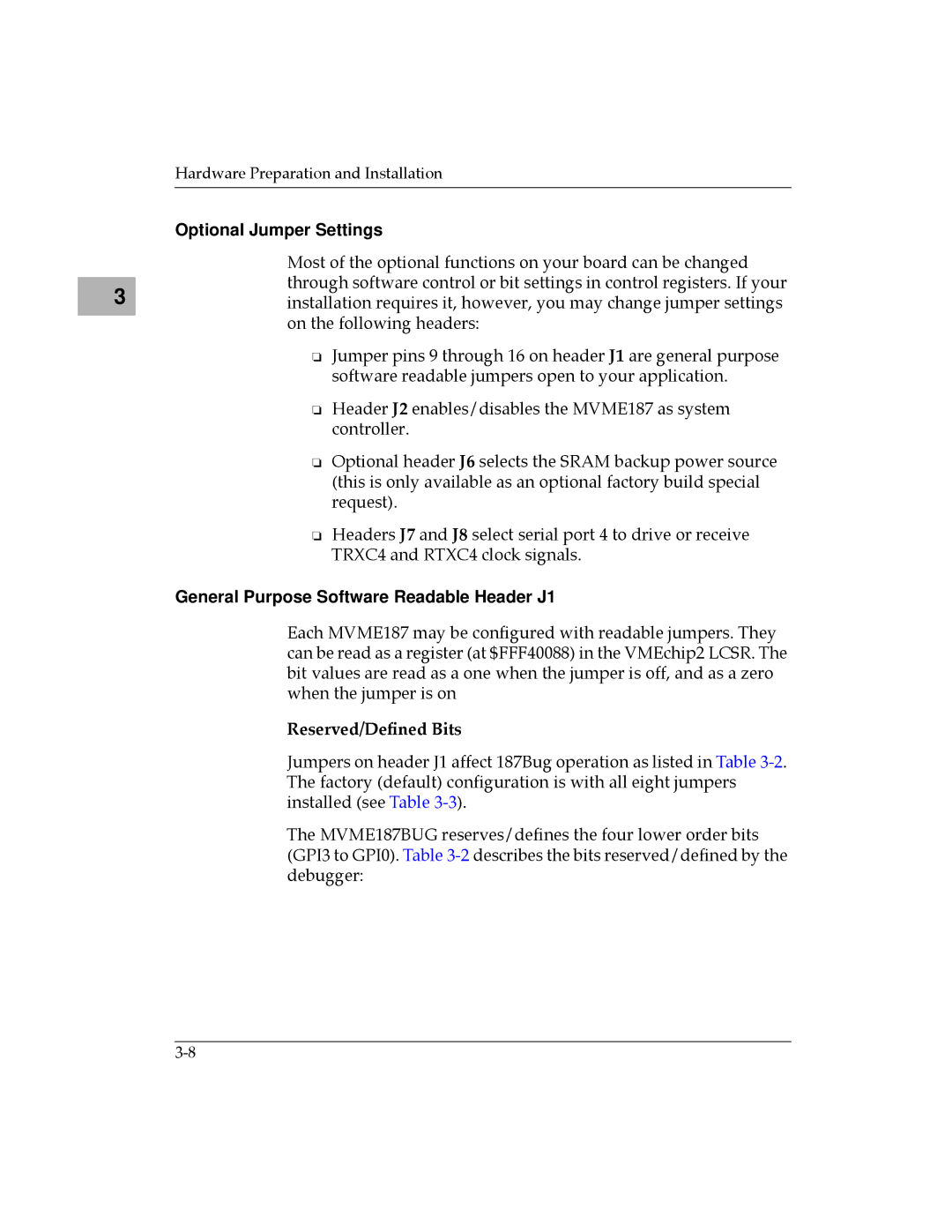 Motorola MVME187 manual Optional Jumper Settings, General Purpose Software Readable Header J1 