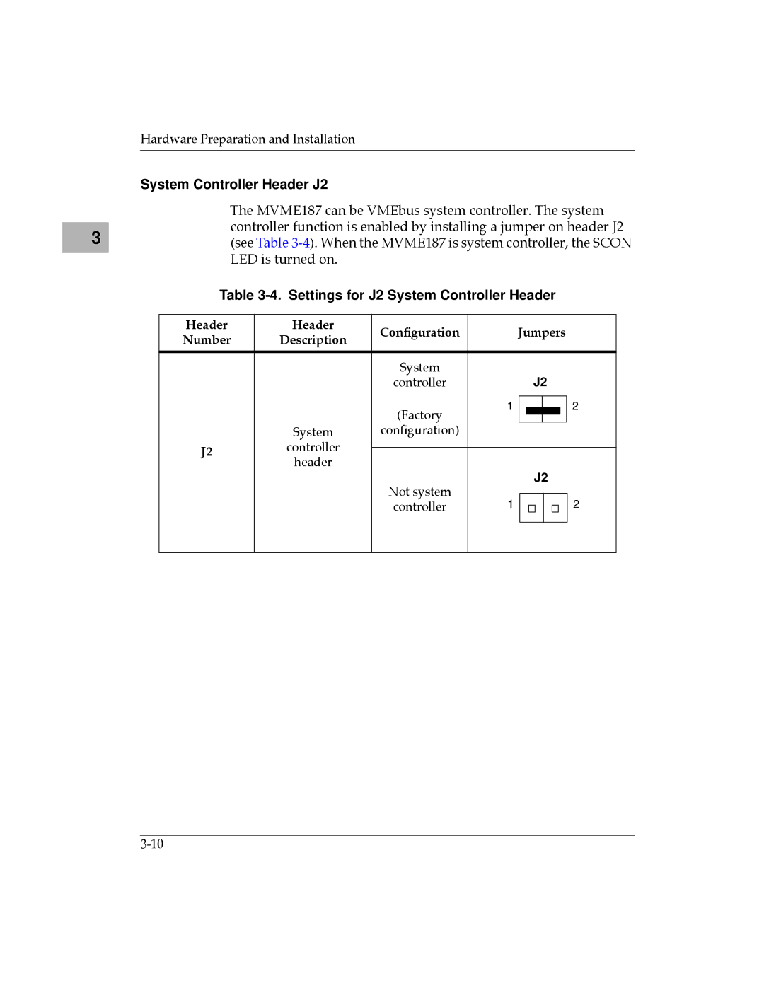 Motorola MVME187 manual System Controller Header J2, Settings for J2 System Controller Header 