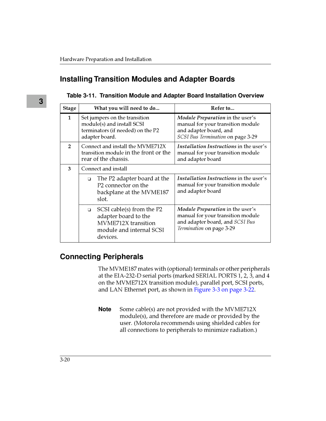 Motorola MVME187 manual Installing Transition Modules and Adapter Boards, Connecting Peripherals 