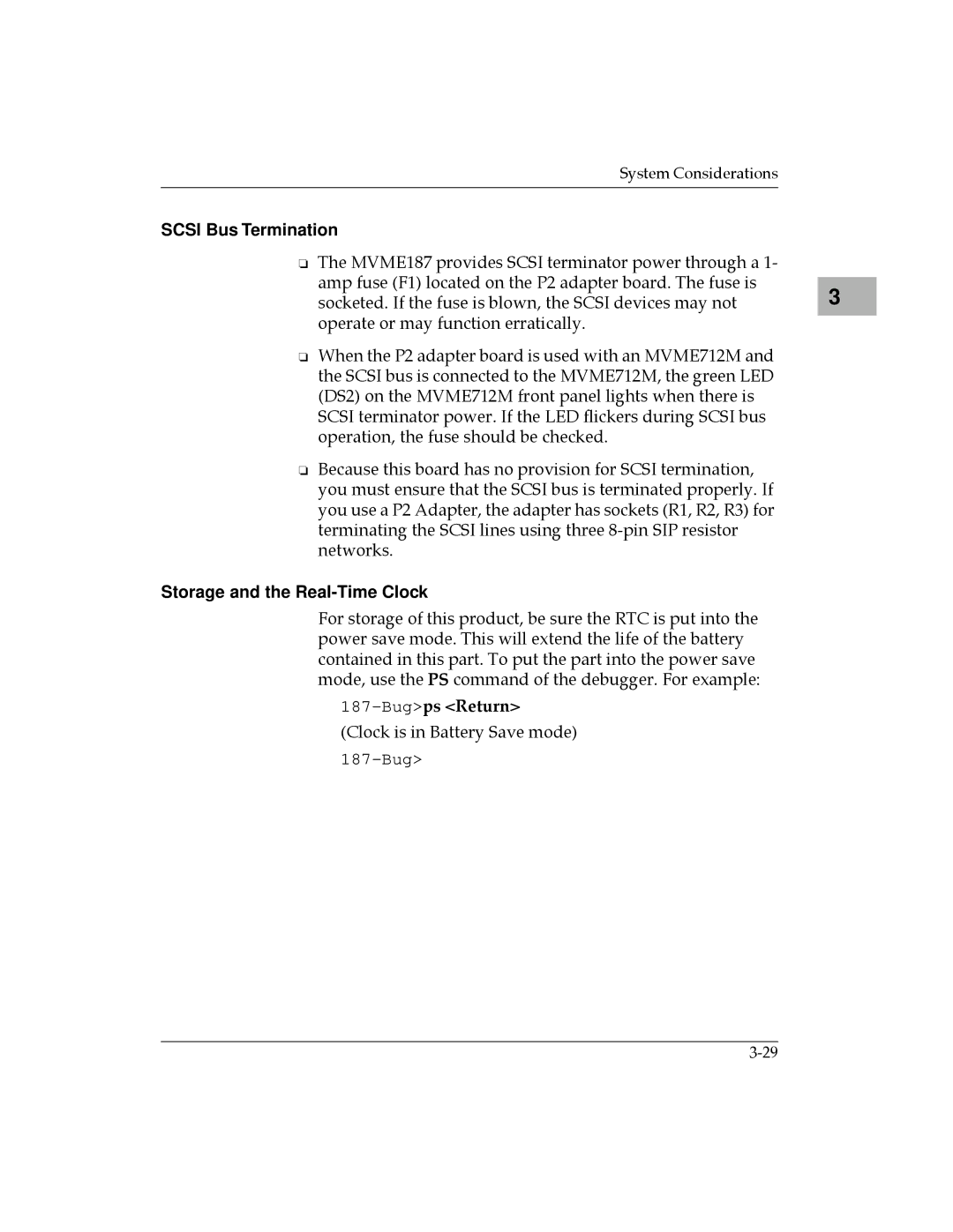 Motorola MVME187 manual Scsi Bus Termination, Storage and the Real-Time Clock 