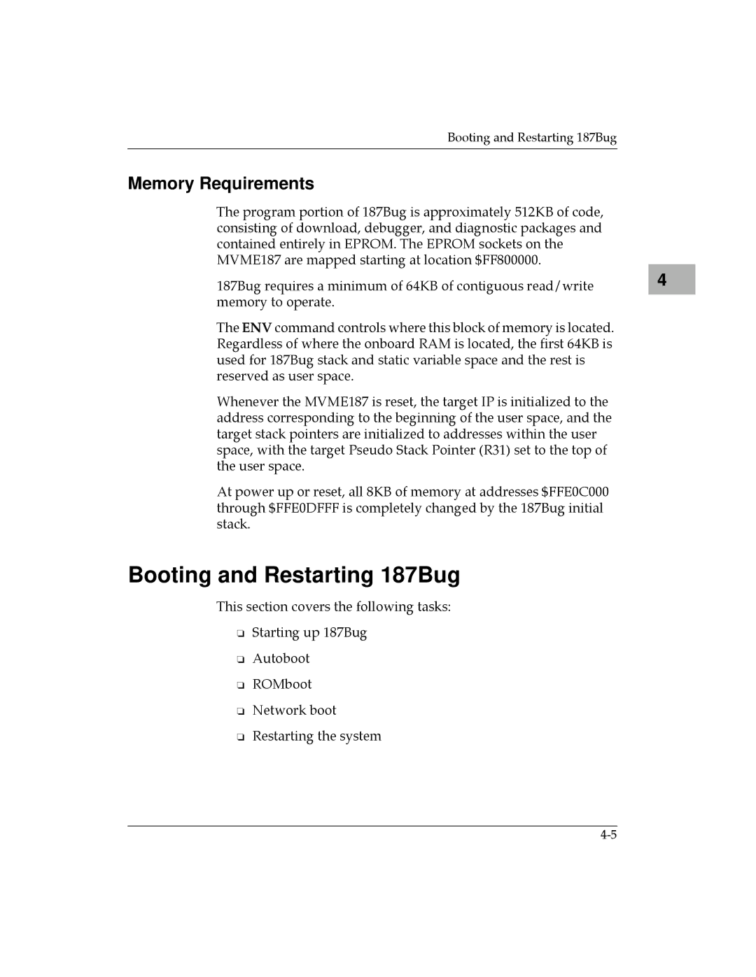 Motorola MVME187 manual Booting and Restarting 187Bug, Memory Requirements 