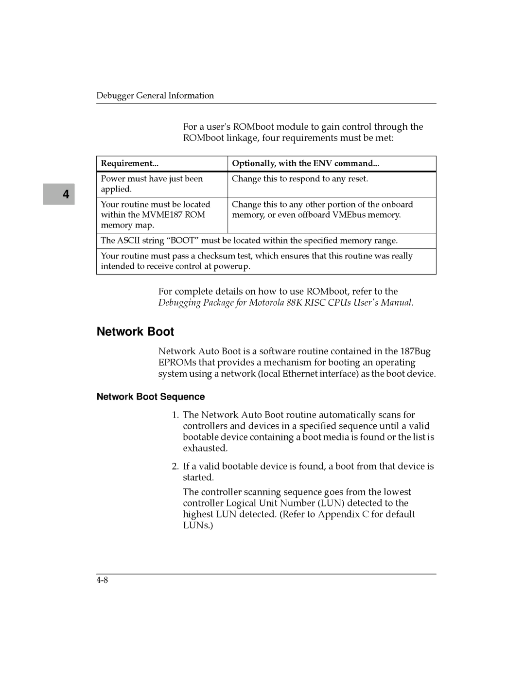 Motorola MVME187 manual Network Boot Sequence, Requirement Optionally, with the ENV command 