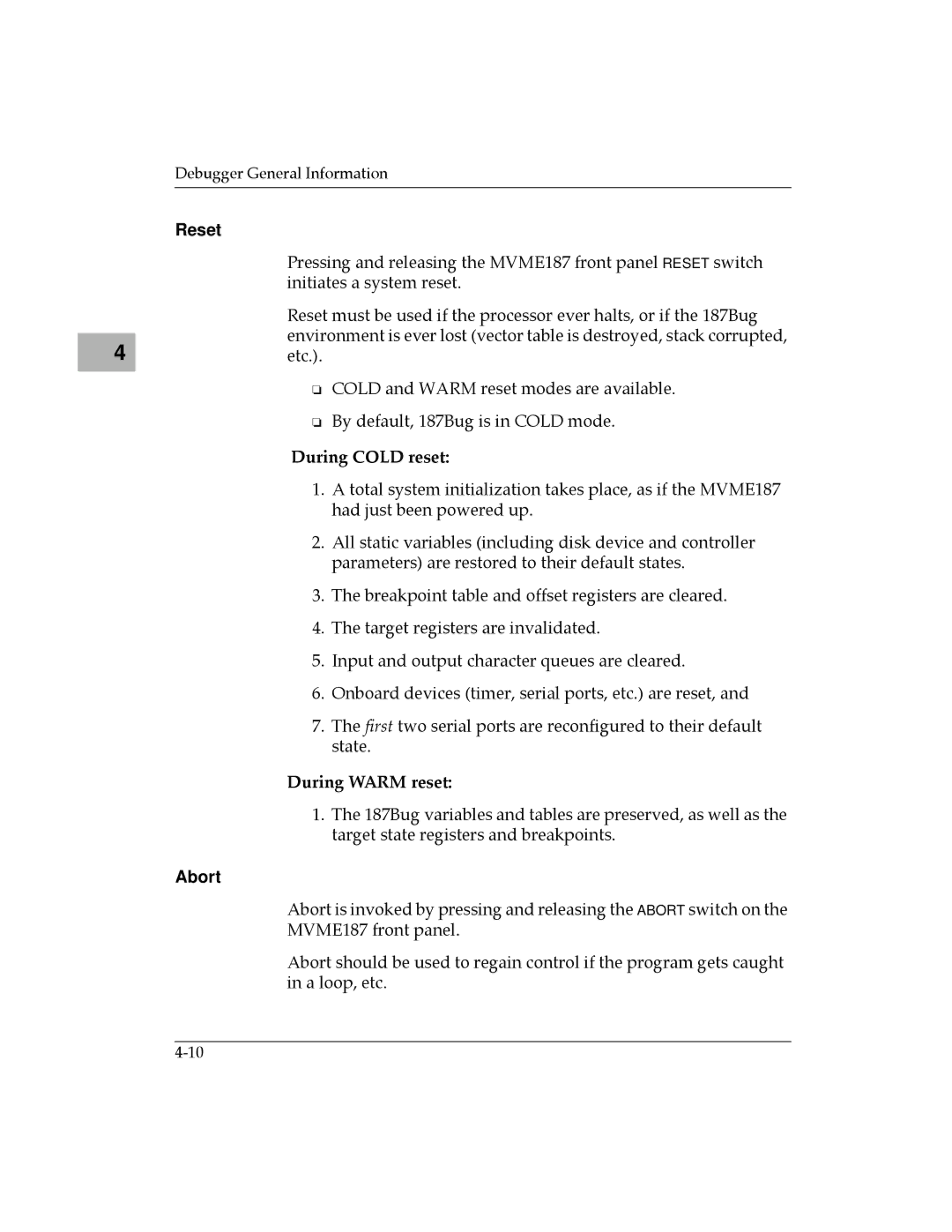 Motorola MVME187 manual Reset, Abort 