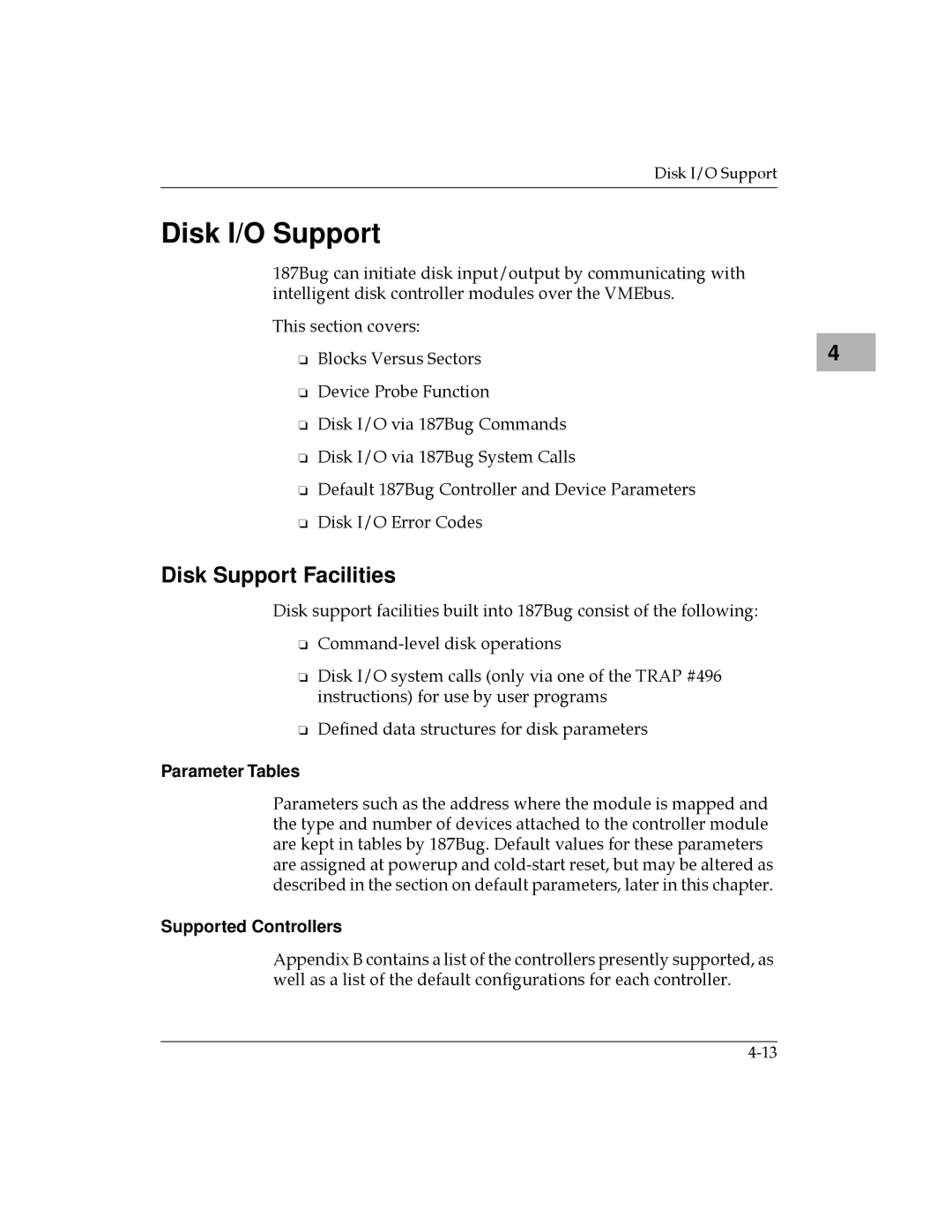 Motorola MVME187 manual Disk I/O Support, Disk Support Facilities, Parameter Tables, Supported Controllers 